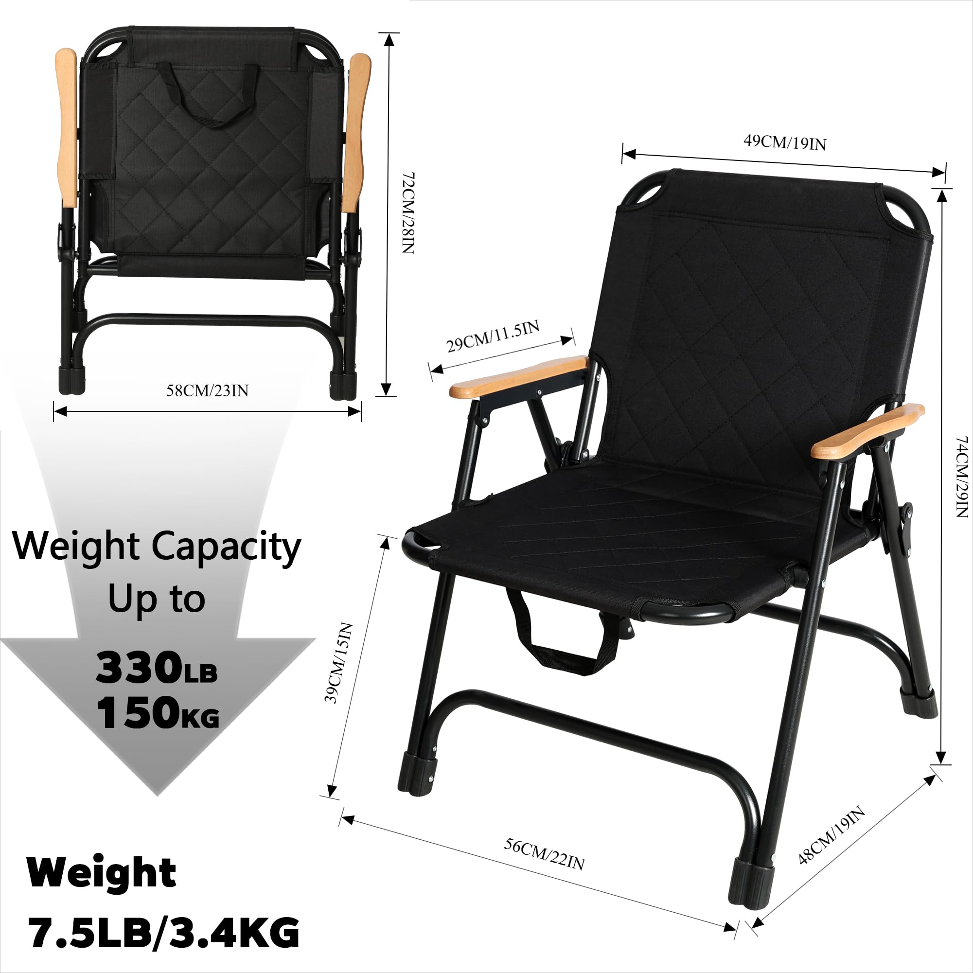 Campingstuhl 2er Set, Campingstuhl Faltbar 150 kg, Camping Sessel Klappbar Kleiner mit Kernbuche Armlehne, Campingstühle aus 600D Oxford-Gewebe, Picknick Stuhl für Camping Garten Terrasse (2, Schwarz)