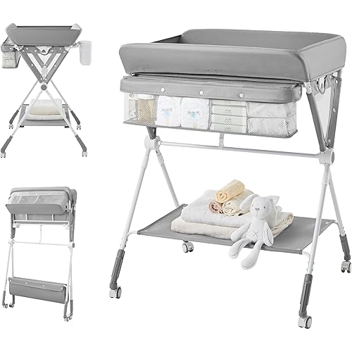 KUB Portable Baby Changing Table, Foldable Diaper Changing Table with Wheels for Nursery, Toddler Changing Table with Adjustable Height, Portable Changing Table for Newborn, Infant Grey