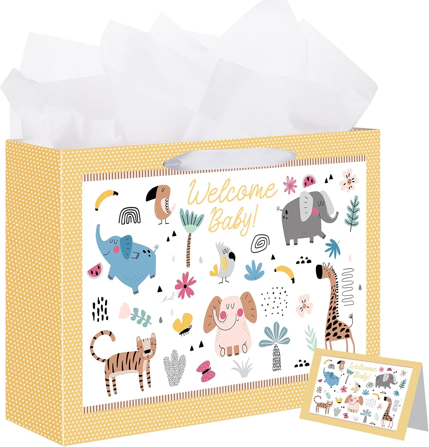 woric Bolsa de regalo de bebé de 14.5 pulgadas para baby shower con papel de seda y tarjetas de felicitación para fiestas de cumpleaños de niños y