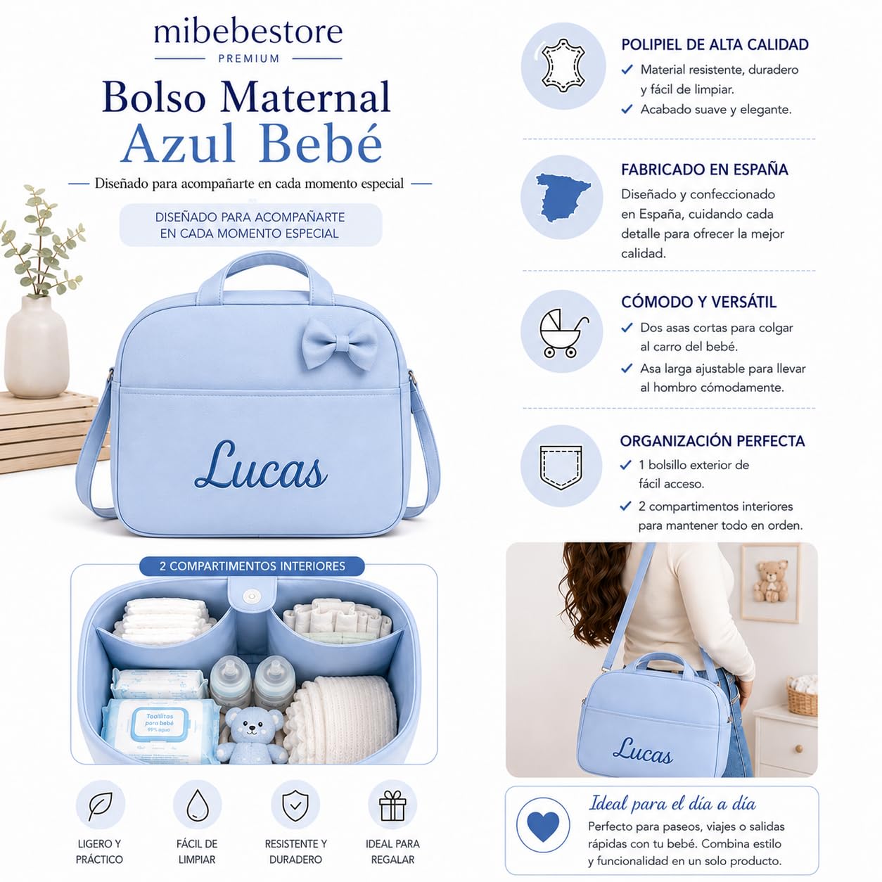 mibebestore Bolso Carro Bebe Personalizado con Nombre Bordado Bolsa para Silla Paseo de Polipiel Impermeable 40x27x20 cm Organizador de Carrito Hecho a Mano en España Regalo Nacimiento Recién Nacido