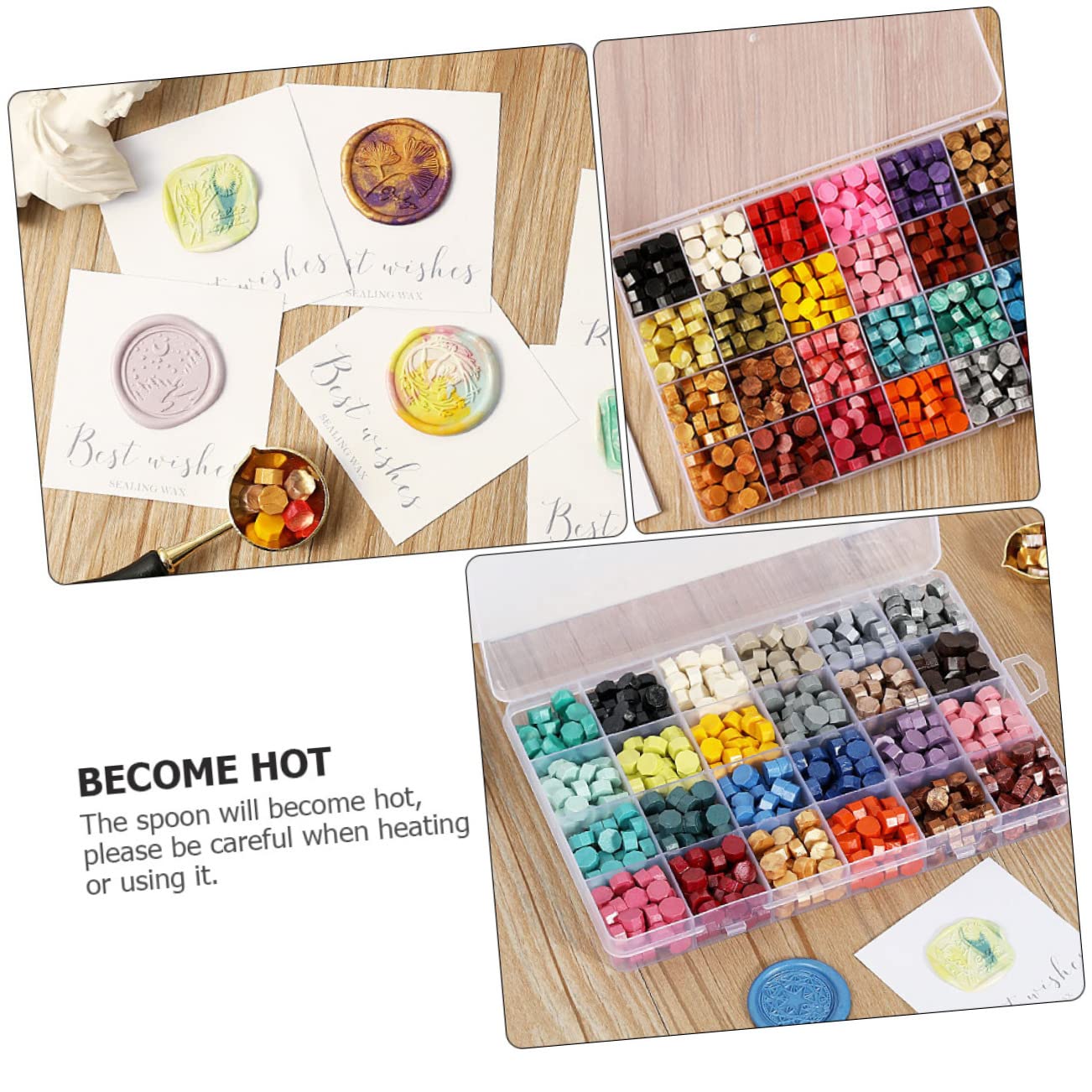 PLAFOPE Sellos de Cera Transparente Caja de Sellos Retro con Cuchara de Lacre Cuentas de Colores para Sobres con Compartimentos