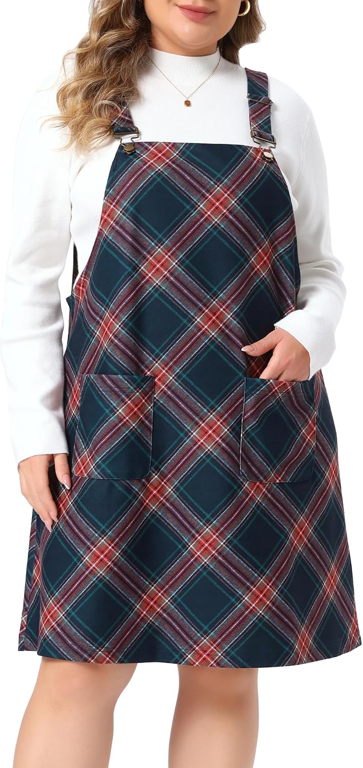 Agnes Orinda Plus Size Plaid Pinafore Dress for Women Sleeveless Adjustable Strap Suspender Skirt Overall Dress