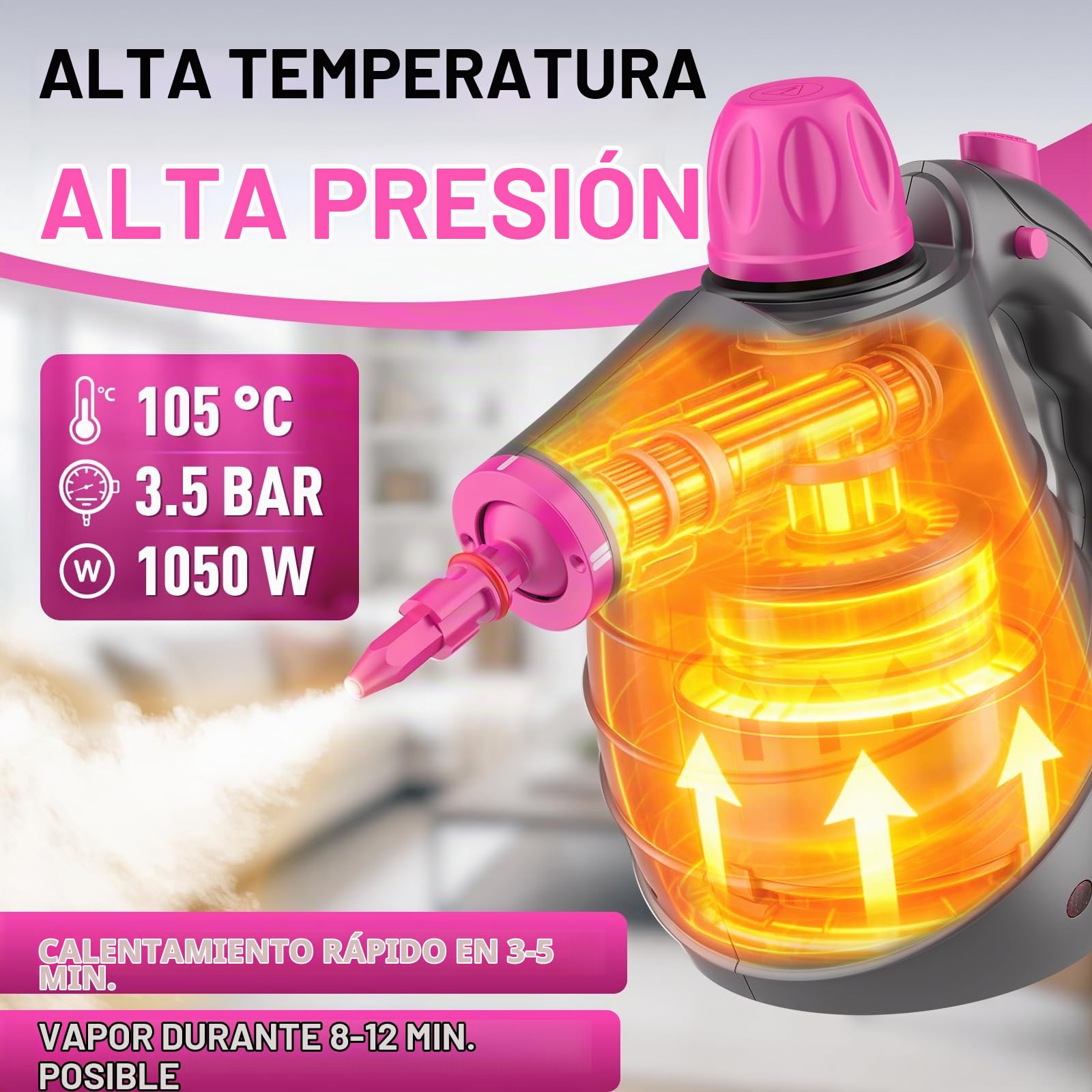 Limpiador a Vapor Portátil, Multiusos 1050W 105℃ 100% sin Químicos, 3.5Bar Alta Presión Vaporeta Limpieza Hogar con 10 Accesorios, Vaporeta de Mano para Cocina, Sofa, Ventanas y Juntas (Rojo)