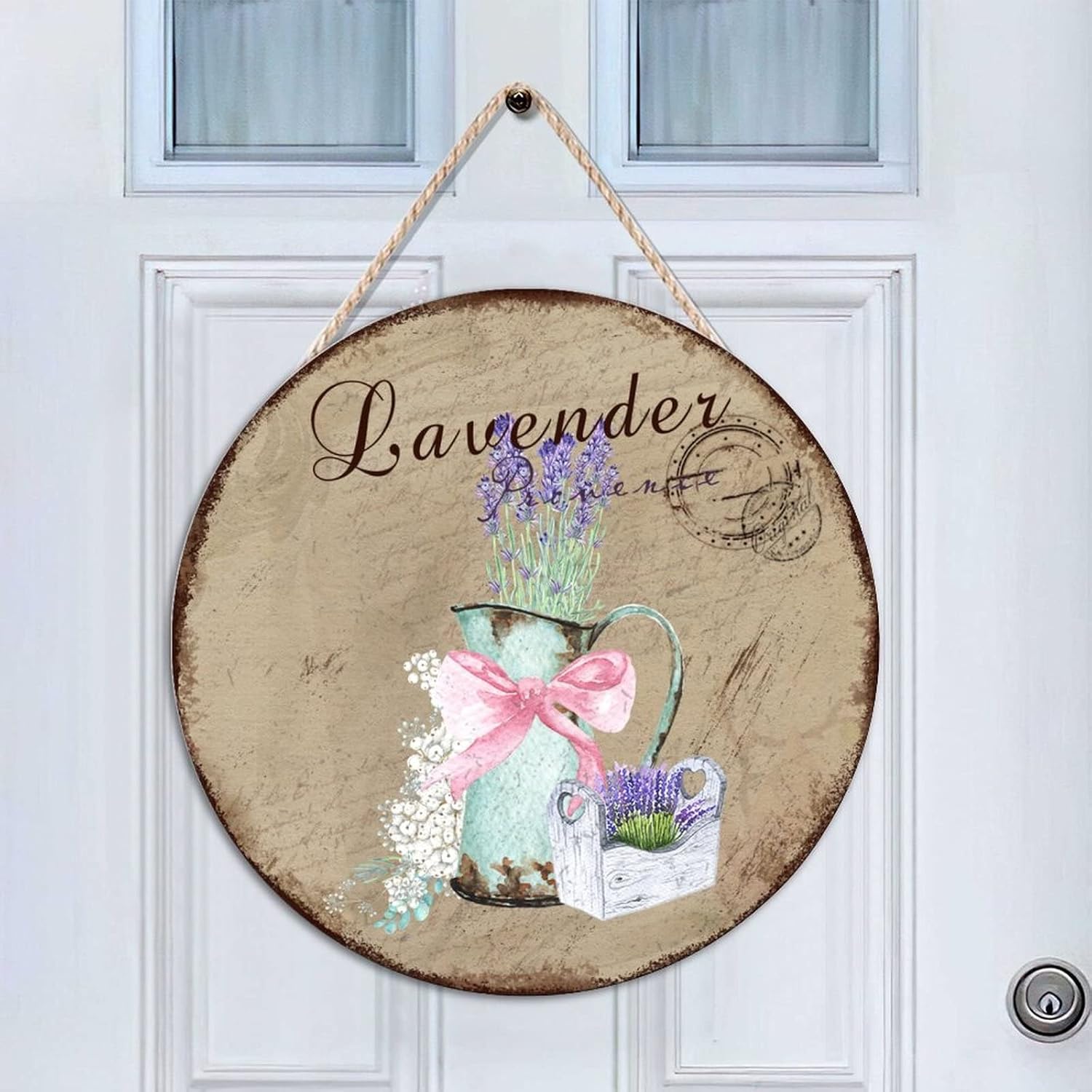 Floral Wall Hanging Sign Plaque, Lavender Wood Door Sign, Custom Calligraphy 16x16in Round Door Hanger Sign Decor for Outdoor Front Porch Front Door Housewarming Gifts