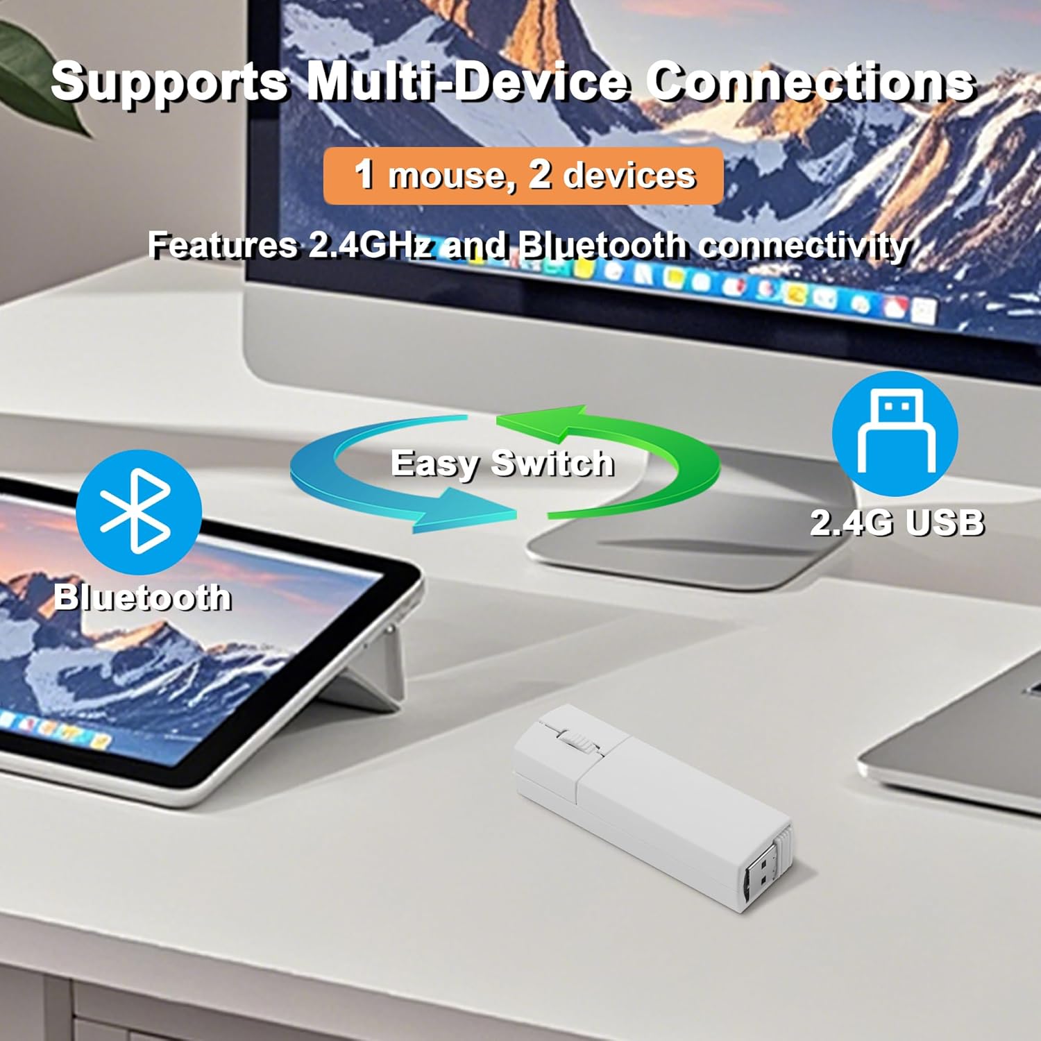 Wireless Mouse Bluetooth Mini Silent Dual-Mode 2.4GHz & Bluetooth Computer Mice with Case Lightweight Rechargeable Portable Small Wireless Mouse for Laptop PC Desktop MacBook Tablet Kids Gift, White