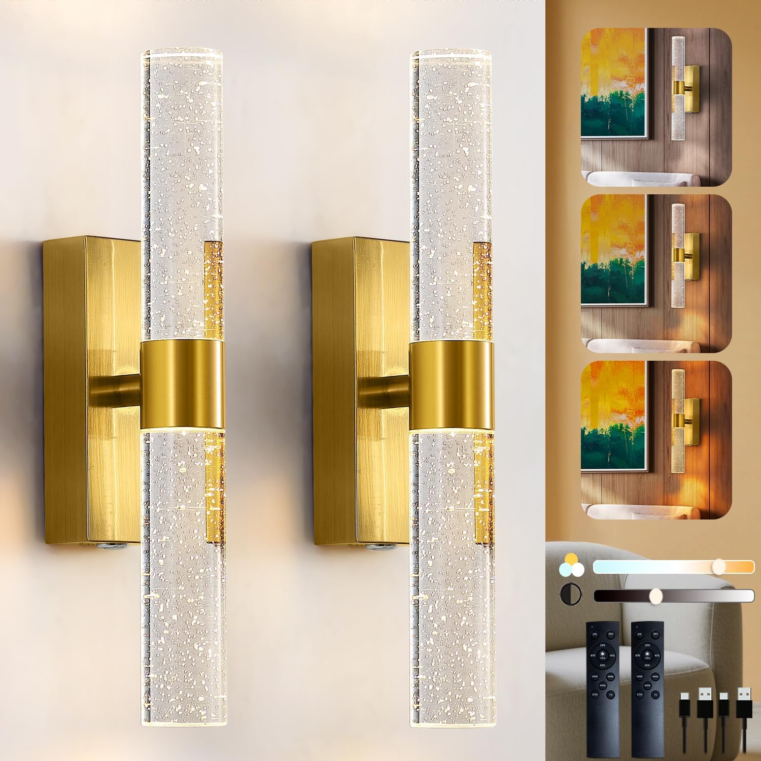 Battery Operated Wall Sconce Set of 2, Crystal Rechargeable Wireless Wall Sconces, 3000K-6000K Dimmable Wall Lights with 10000mAh Cordless Wall Lamp Fixtures for Bedroom Living Room 15.4 Inch