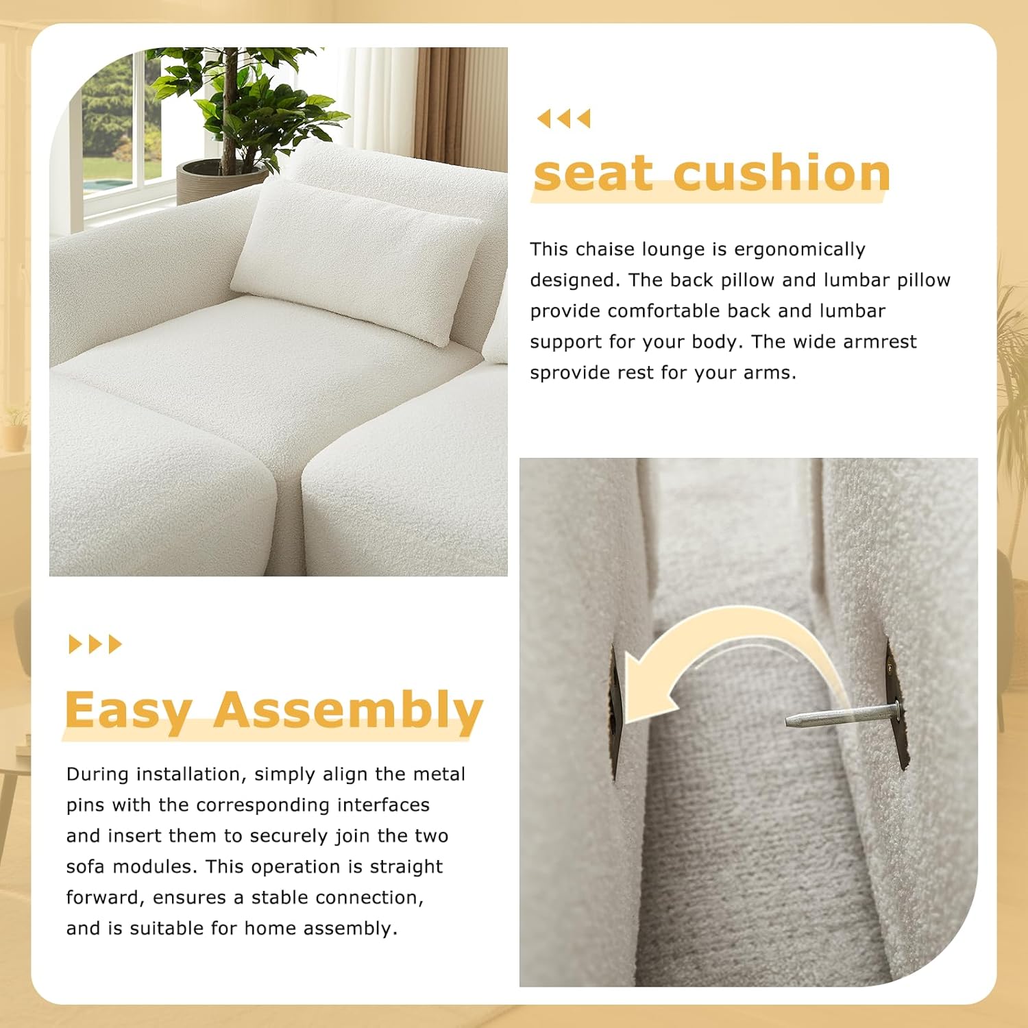 Boucle Sectional Couches for Living Room,Comfy Upholstered Modular Sectional Sofa,U Shaped Couch,L Shape Sofa with Removable Ottoman.(4Seats&2Ottoman-Beige White)