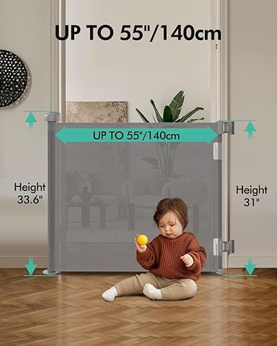 Miniatura 3 de Puertas retráctiles para bebés, puerta de malla para perros, 33.6 pulgadas de alto, se expande a 55 pulgadas de ancho, ajuste esencial de seguridad