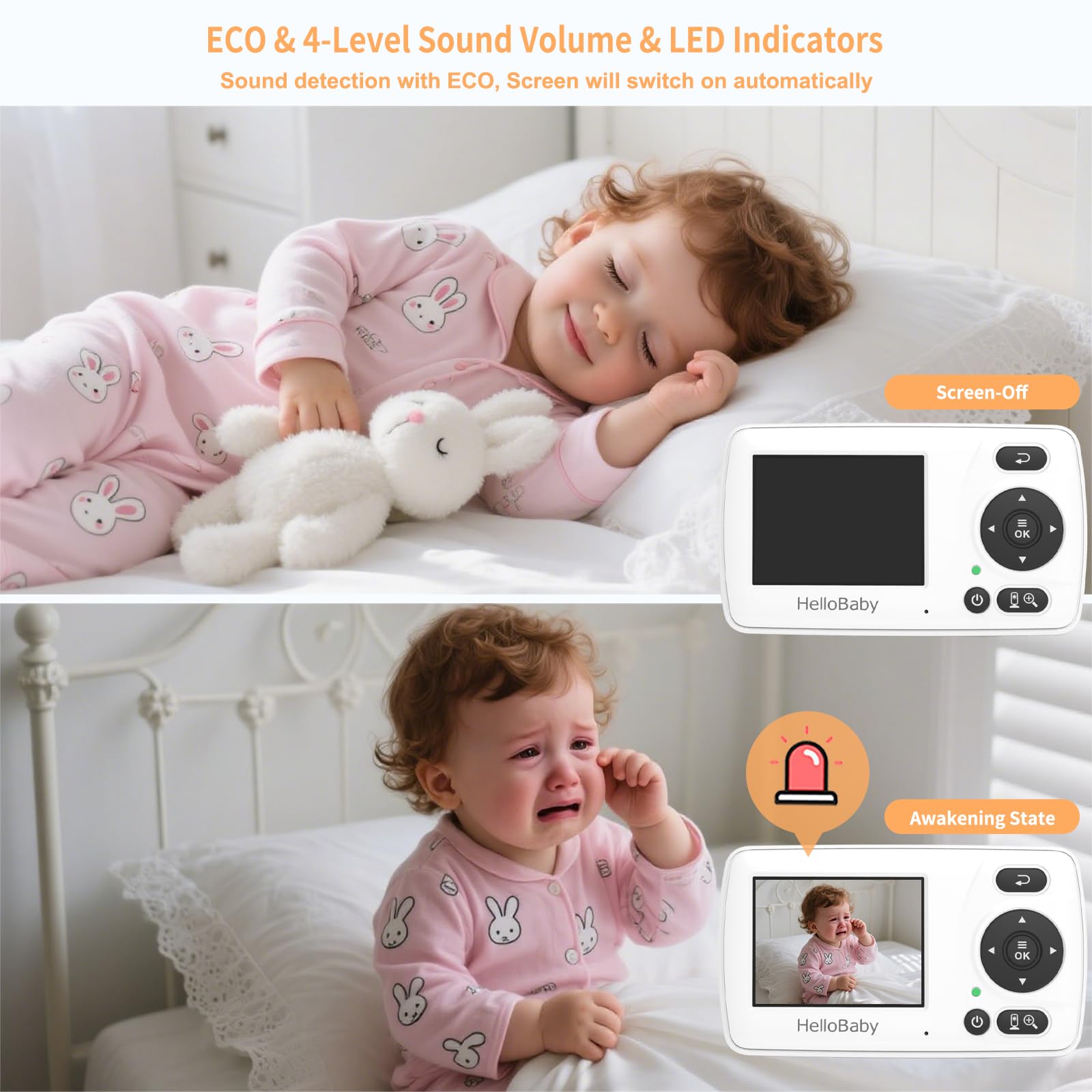 HelloBaby Baby monitor, aggiornamento video baby monitor con fotocamera e visione notturna, 8 lingue, modalità ECO, nessun WiFi per la privacy, zoom 2x, funzione allarme