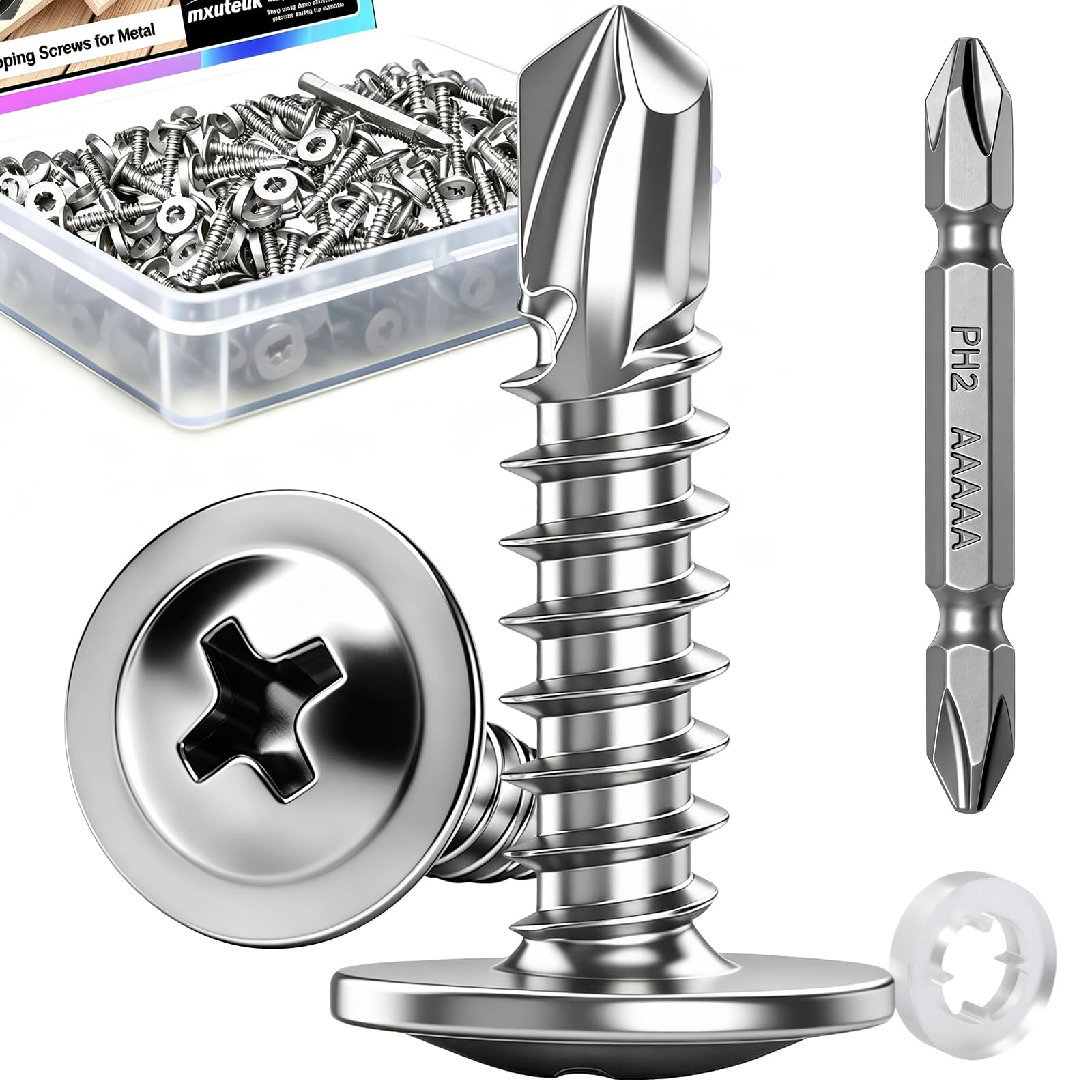 mxuteuk 230PCS #8 Self Tapping Screws for Metal,410 Stainless Steel Self Drilling Screws,1/2",5/8",3/4",1",1-1/4" Truss Head Sheet Metal Screws with Rubber Washers for Metal,Plastic,Wood(115pcs Sets) — Amazon image 29