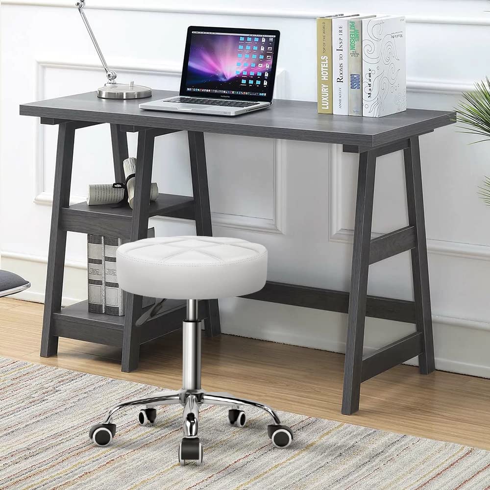 KKTONER Rollhocker Barhocker Arbeitshocker höhenverstellbar 51-67cm drehbar aus Kunstleder Weiß