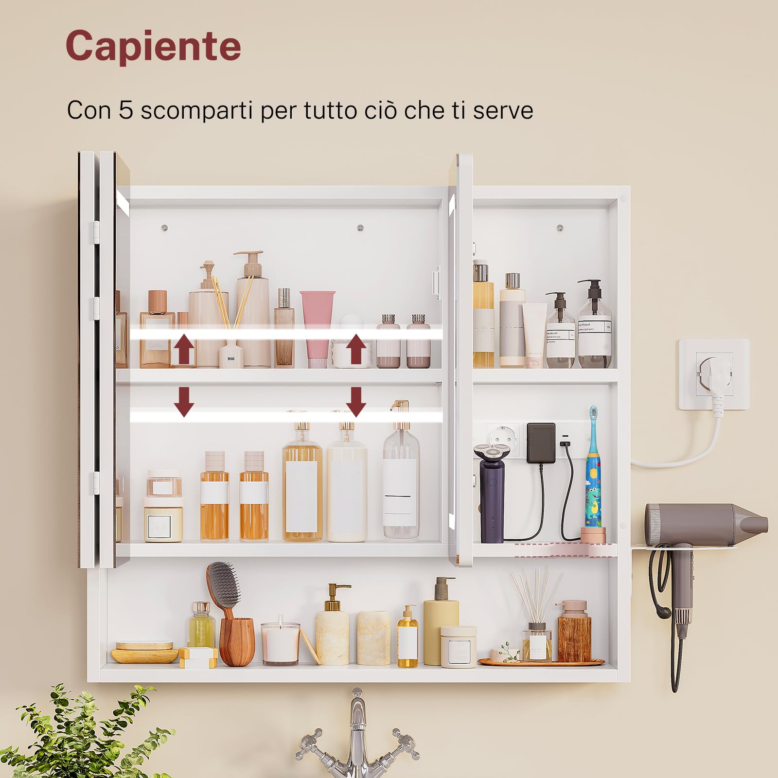 TEENFON Specchio Bagno Contenitore con Luce LED e Presa Elettrica, Mobile Bagno a Specchio con 3 Ante e Gancio Asciugacapelli, 3 Temperature di Luce Dimmerabili a Touch, Ripiani Regolabili, Bianco