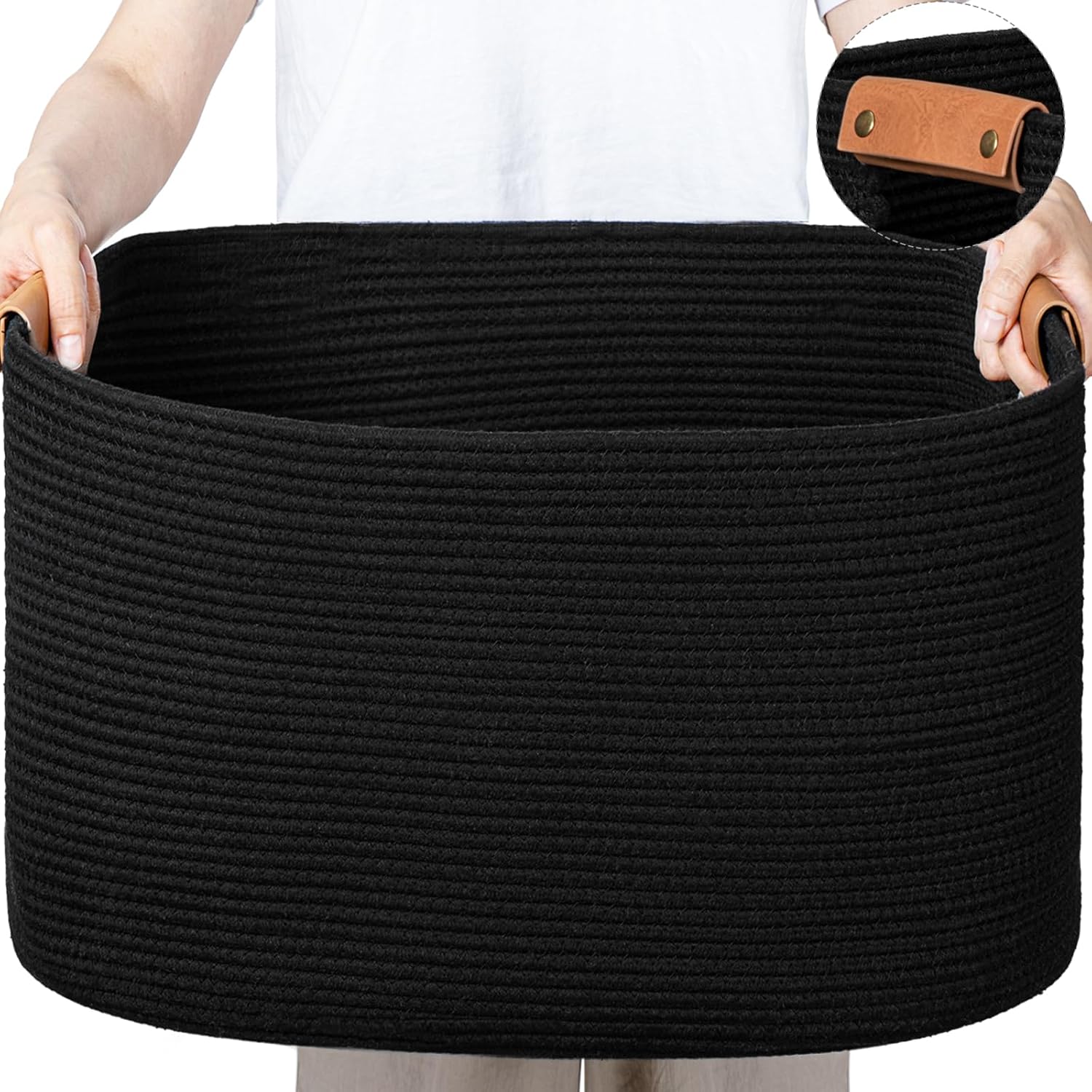 danpinera Large Woven Basket, 108 L Blanket Basket for Living Room, Nursery Bin for Toys Organizing & Laundry, Cotton Rope Hamper with Leather Handle, 25’’*16’’*16’’ Black