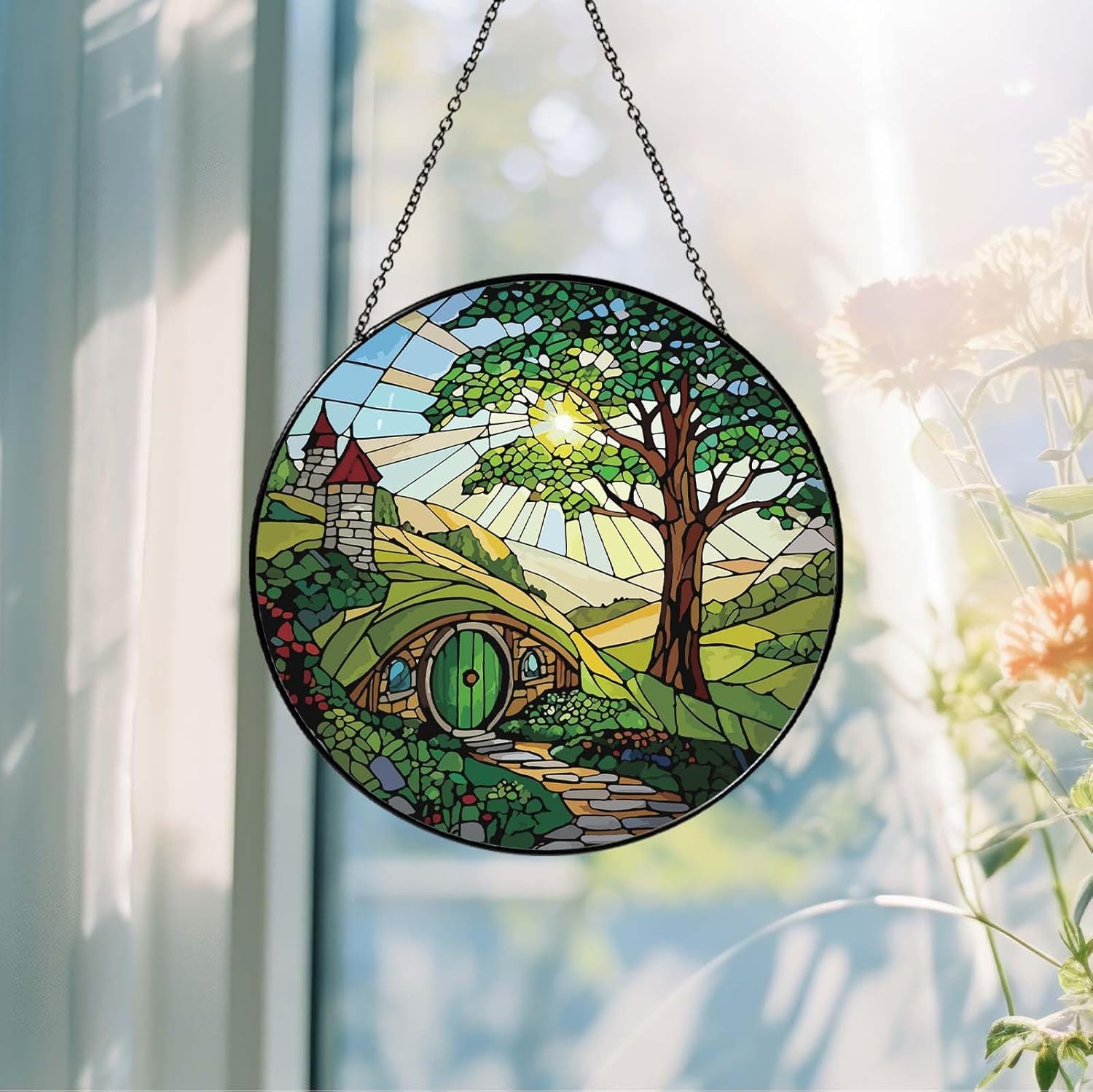 Shire Sun Catcher 7.87'' Stained Glass Window Hanging Gifts for Countryside Lover Women Scenery Wall Decor Handmade Sun Catcher Decoration for Home Garden Housewarming Gifts