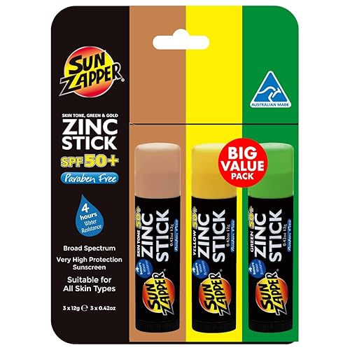 Sun Zapper Protector solar de óxido de zinc  tono de piel verde y dorado  SPF 50 muy alta protección solar impermeable para cara y cuerpo adultos