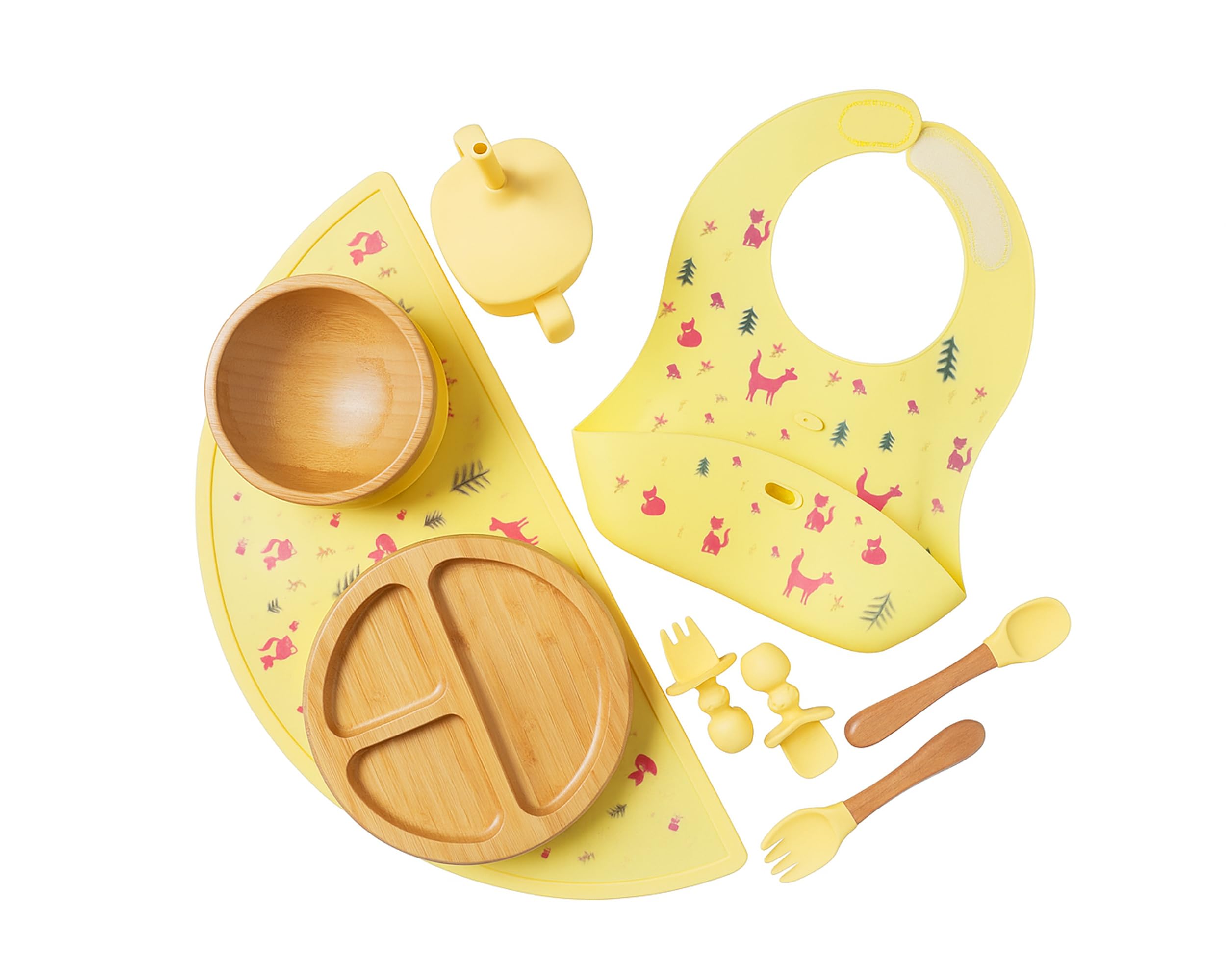 Juego de alimentación de bambú para bebés, bebés y niños pequeños, artículos esenciales para bebés, no tóxico, sostenible, plato de bambú con ventosa, tazón, babero, taza para sorber con tapa y pajita, uso diario, viajes, regalos para baby shower, amarillo