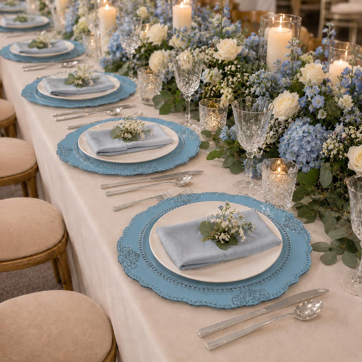 12PCS Antique Blue Charger Plates Bulk- 13in Heavy Duty Chargers for Dinner Plates- Round Plastic Plate Chargers w/Embossed Beaded Rim- Table Chargers for Wedding, Party, Banquets, Holidays