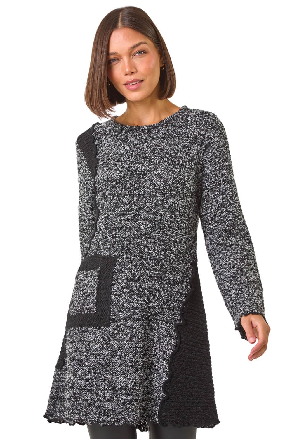Roman Originals Women's Charcoal Textured Pocket Detail Longline Jumper For Uk - Everyday Autumn Winter Round Neckline Comfy Soft Evening Vacation Work Party Night Out - Size 20