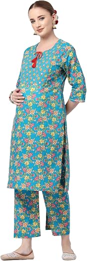 ZELENA Floral Zip Feeding Cotton Kurta Pant Set | 100% Cotton Maternity &amp; Nursing Kurti with Pants, Concealed Zip Access &amp;...