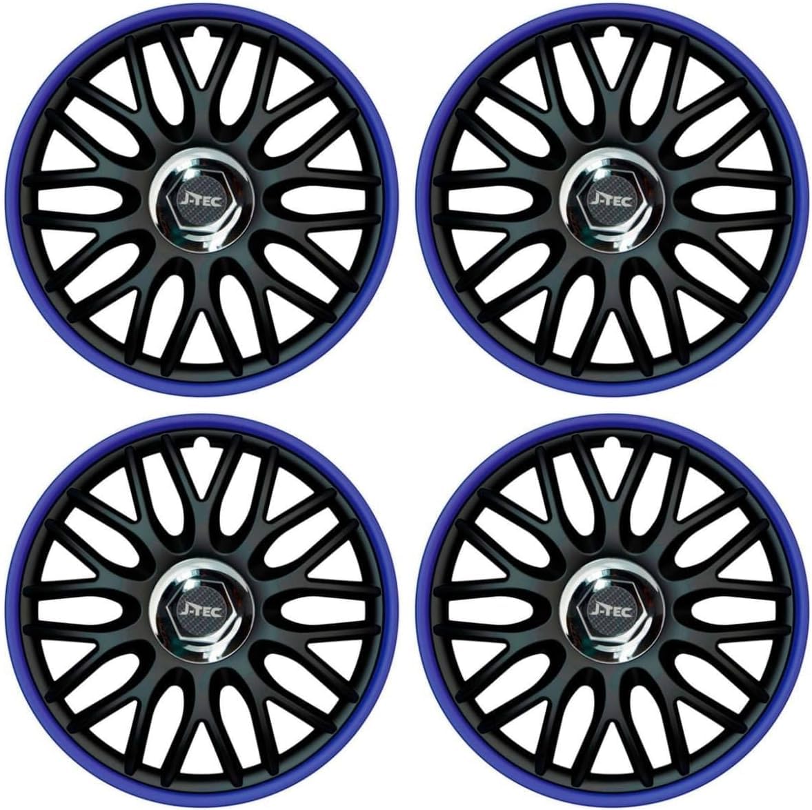 Copricerchi di alta qualità, 15 pollici, in nero e blu opaco, con mozzo cromato, set di 4 copricerchi per cerchioni in acciaio, copricerchi per una protezione ottimale dei cerchioni (J-TEC/nero/blu