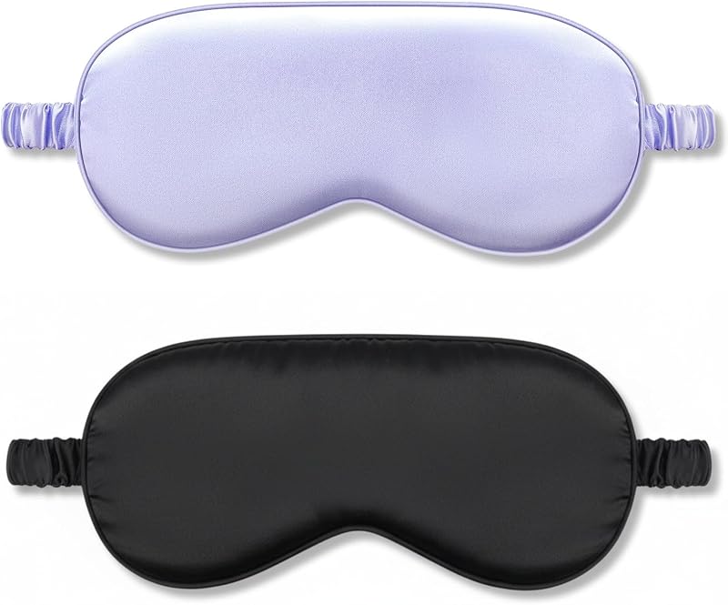 IEKEODI Paquete de 2 máscaras de seda para dormir, máscaras para ojos que bloquean la luz, negro y morado | Tacto suave y sedoso, diseño de bloqueo de luz, ajuste elástico suave, comodidad transpirable para dormir, viajar y siestas.