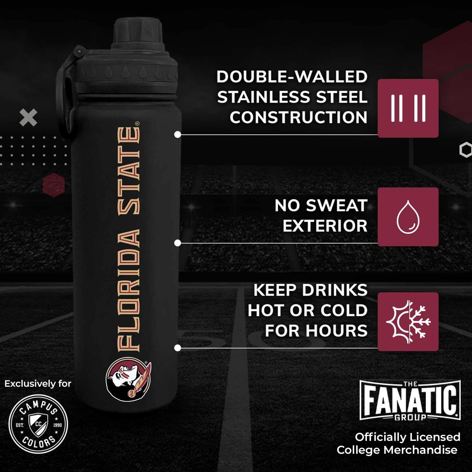 Campus Colors NCAA Stainless Steel Water Bottle - Twist on cap - 24 oz - Carry Clip - Keeps Your Drinks Hot or Cold for Hours (Florida State Seminoles - Black) - Image 2