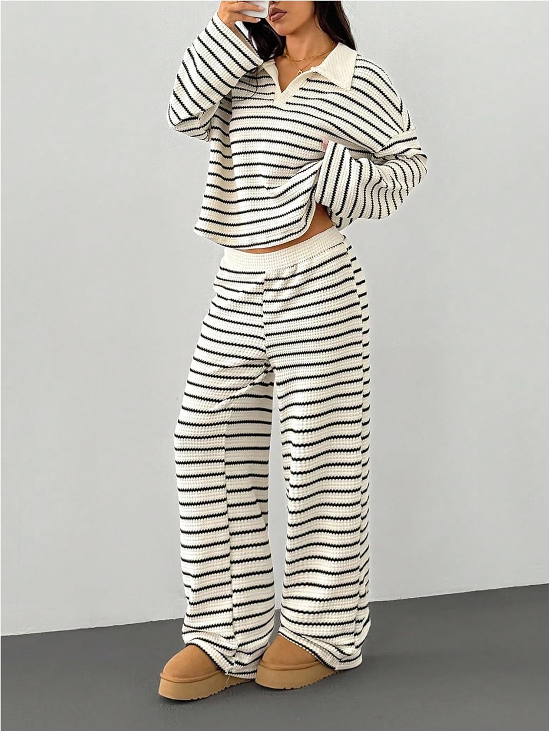 Verdusa Womens Striped Set 2 Piece Matching Set Long Sleeve Shirt with Wide Leg Pants Airport Outfits - Image 5
