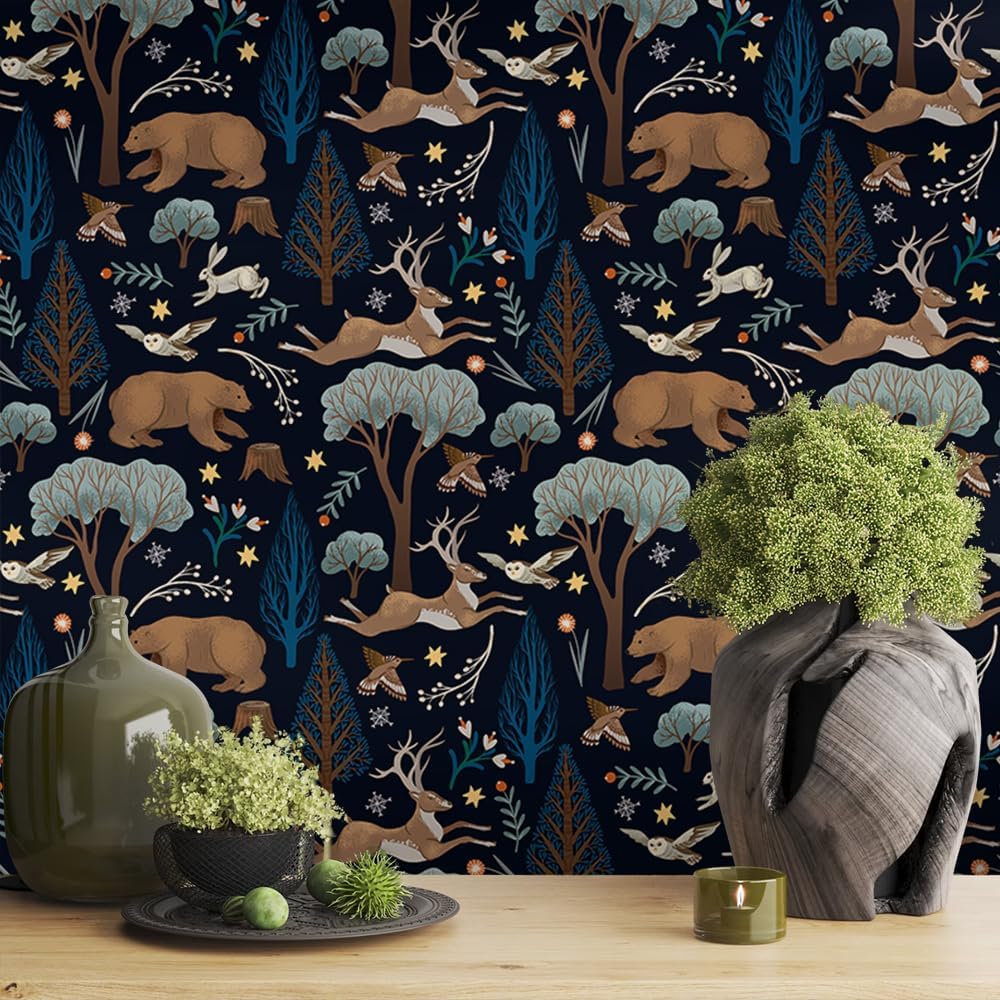Fairytale Dark Black Bear Forest Deer Rabbits Animal Peel and Stick Wallpaper Esay Peel Off Self Adhesive Removable Stick on Wall Paper for Kitchen Cabinet Furniture Renter Friendly