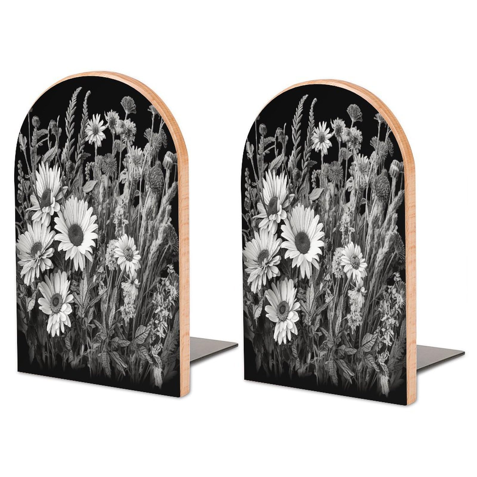 Sujetalibros de flores blancas y negras de madera 1 par para organizar libros
