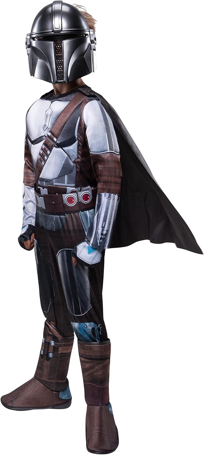 STAR WARS THE MANDALORIAN HALLOWEEN COSTUME FOR KIDS - Dlx Powerwall Jumpsuit w/Printed Design   Gloves, Cape, & 3D Headpiece