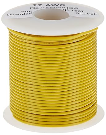 22 AWG Gauge Stranded Hook Up Wire, 100 ft Length, Yellow, 0.0253" Diameter, UL1007, 300 Volts