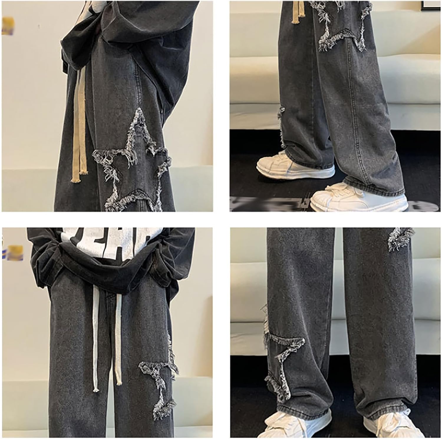 Men Y2k Baggy Straight-Leg Jeans Goth Star Graphic Casual Pants Hip-hop Rock Street Style Harajuku Clothing