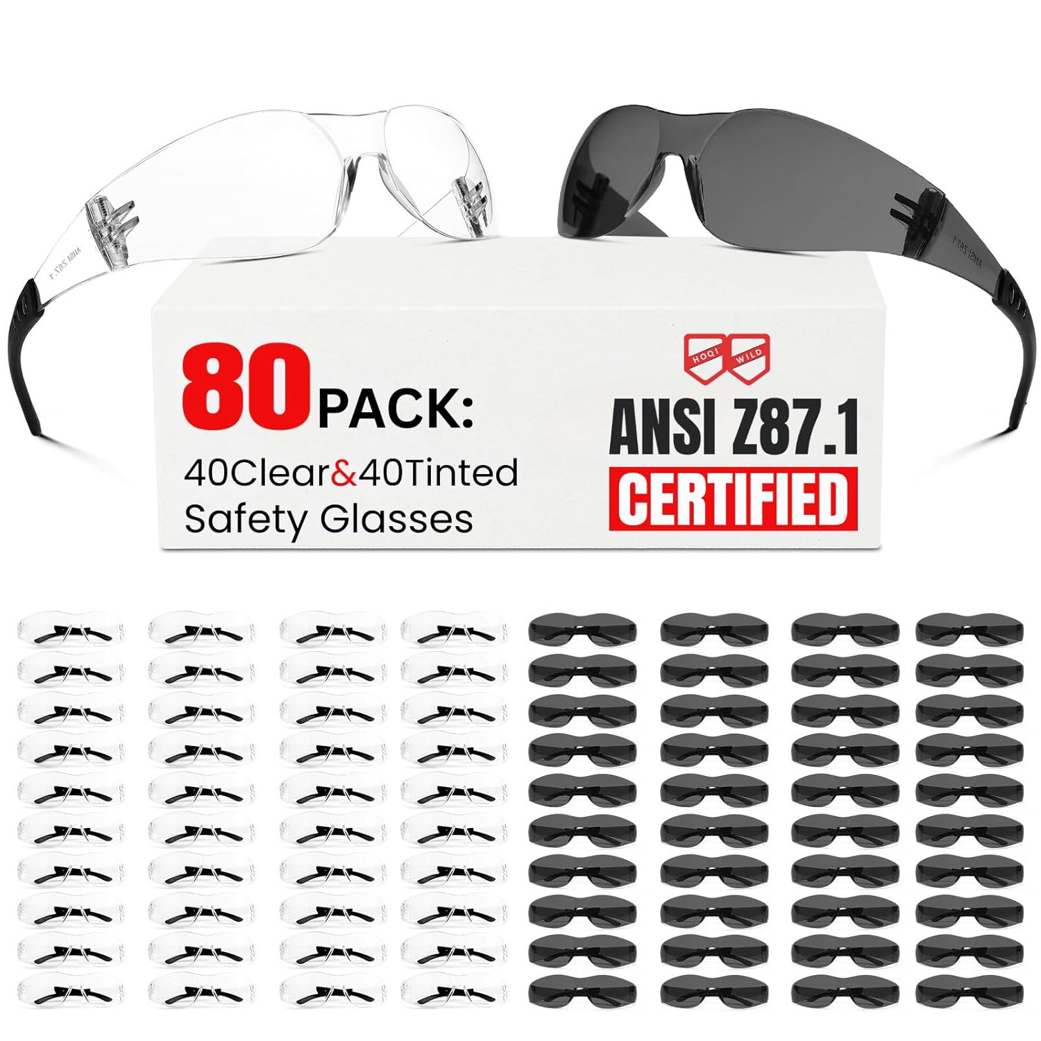 Safety Glasses Men Women80 pack: 40pack clear safety glasses+40pack safety sunglasses Scratch & Impact Resistant eye protection glasses for construction, workshop, lab,survey