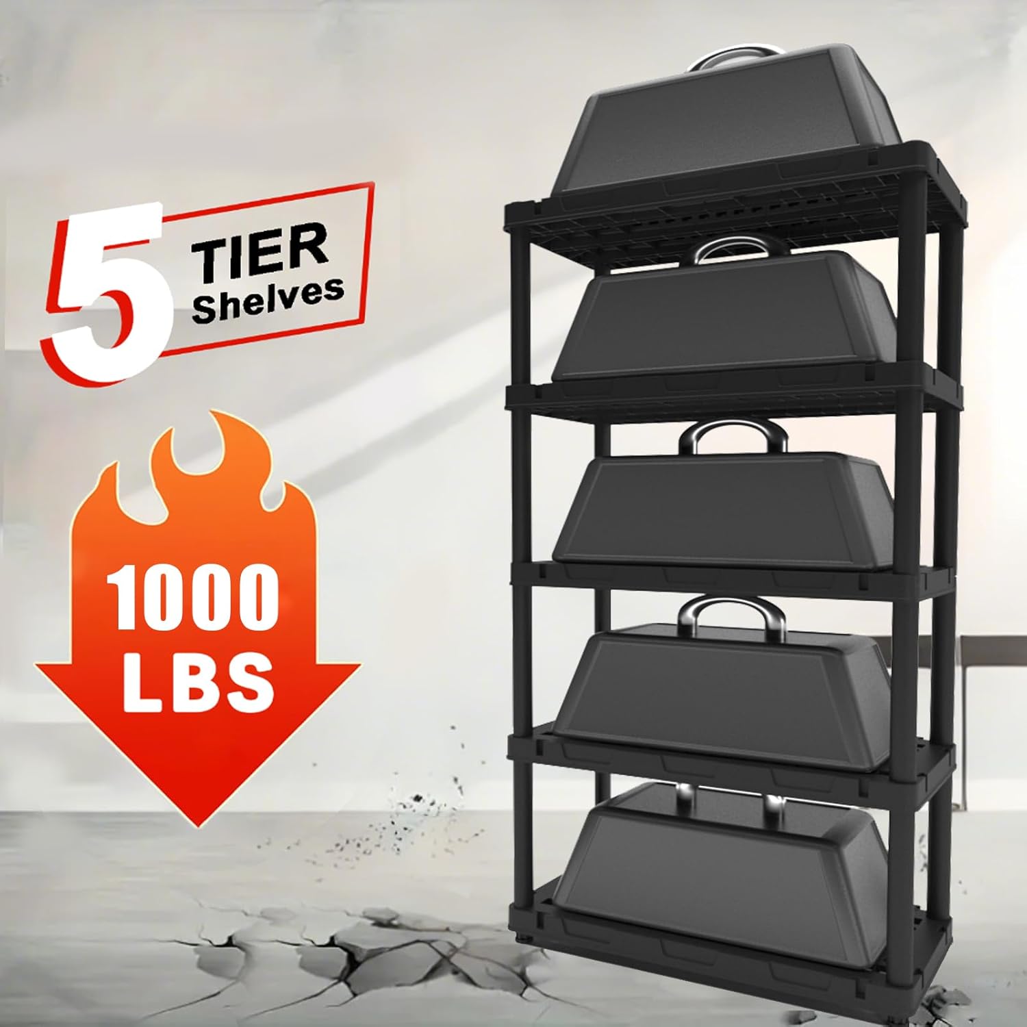 5-Tier Heavy-Duty Plastic Storage Shelves Organizer with Sturdy A-Frame Design - Heavy-Duty Freestanding Garage Shelving Unit, Space-Saving Vertical Storage Rack for Basement (72.44''H)