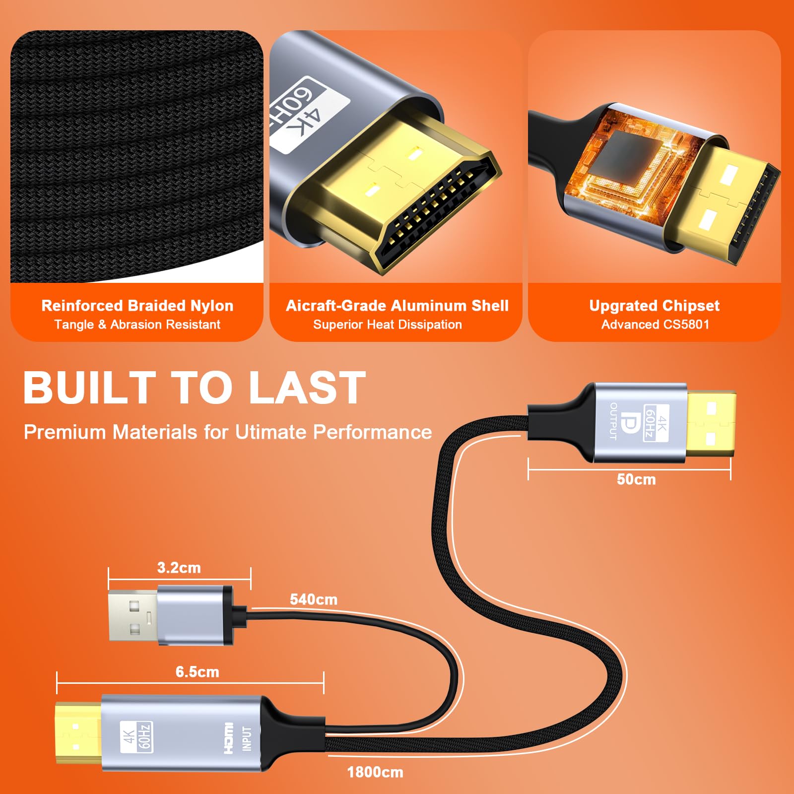 Adaptateur HDMI vers DisplayPort, 1,8 m actif 4K @ 60 Hz, câble tressé HDMI vers DP unidirectionnel HDMI vers DP avec alimentation USB pour PS5, Xbox Series X/S, Switch, PC, ordinateur