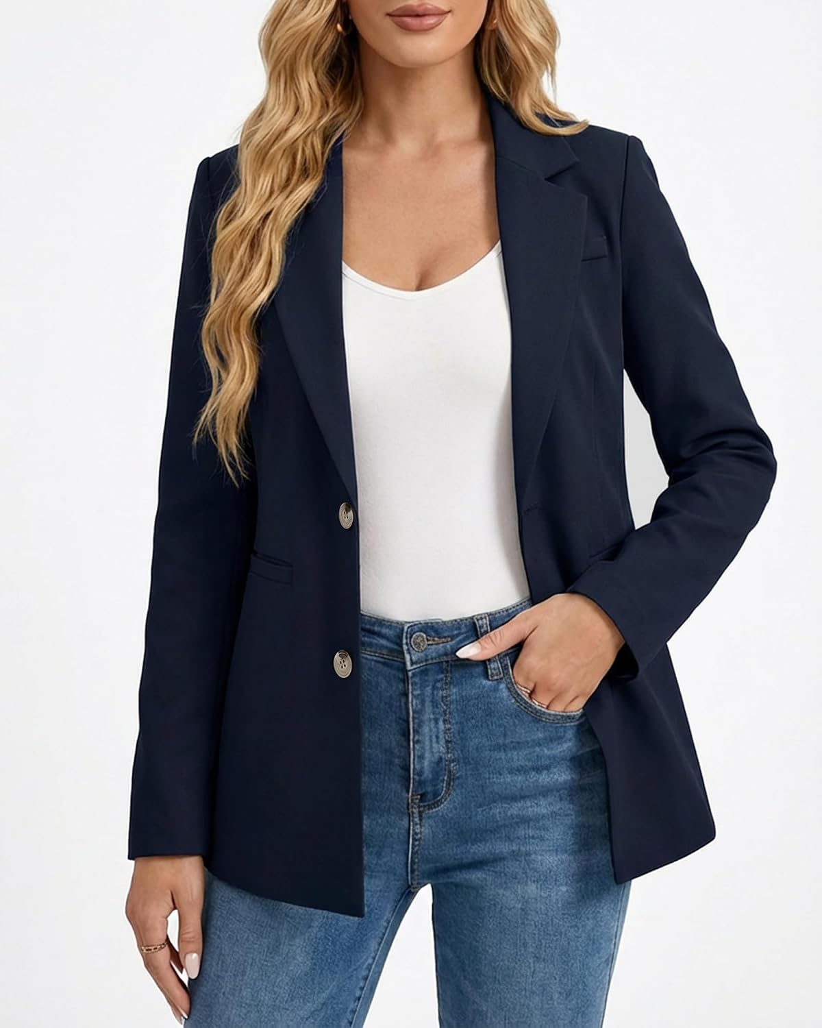 Women's Blazer Jacket - Dressy Business Casual Suit Jacket with Pockets & Gold Buttons for Office Work, XS-XXL