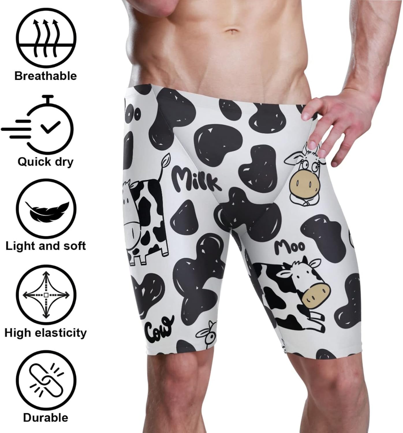 メンズ Swim Jammers Cow Funny モノクロ 速乾 アスレチック水着