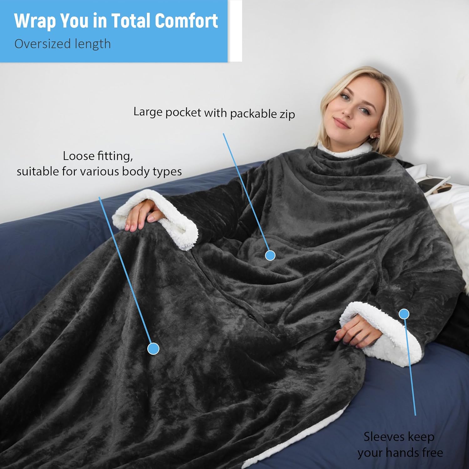 Catalonia Sherpa Wearable Blanket with Sleeves Arms - Image 3