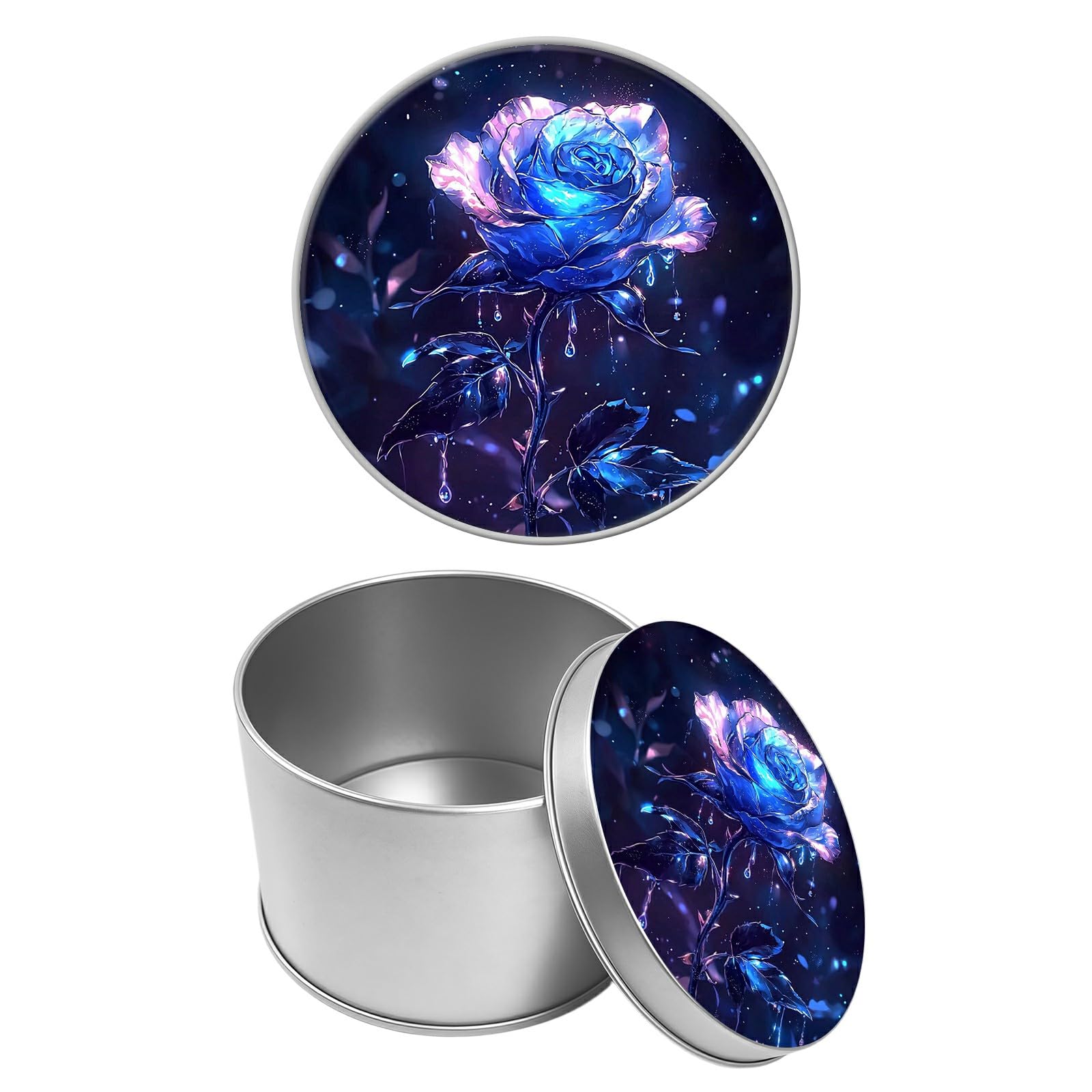 Round Metal Tin Container with Removable Lid, Blue Rose Durable Metal Storage Box for Cookies Spices Tea Candies Cakes Jewelry Cosmetics 3.54 x 2.36 inch– Single Pack