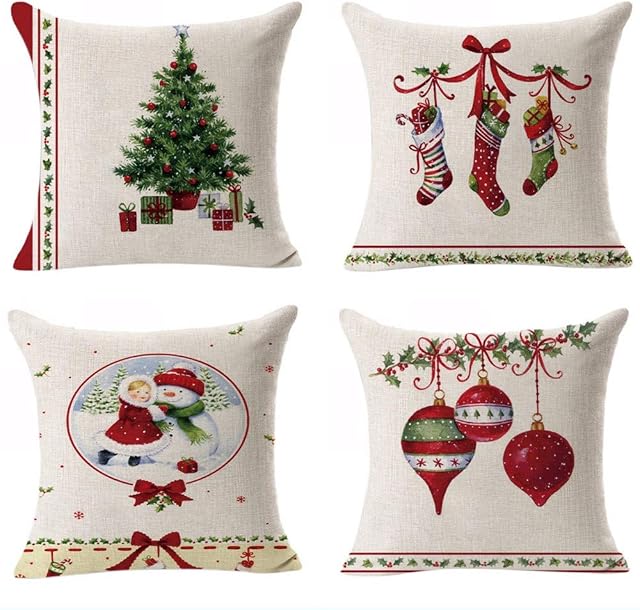 Hangood Cotton Linen Throw Pillow Case Cushion Covers Cover Set of 4pcs Christmas Tree Ball Stockings 45cm x 45cm