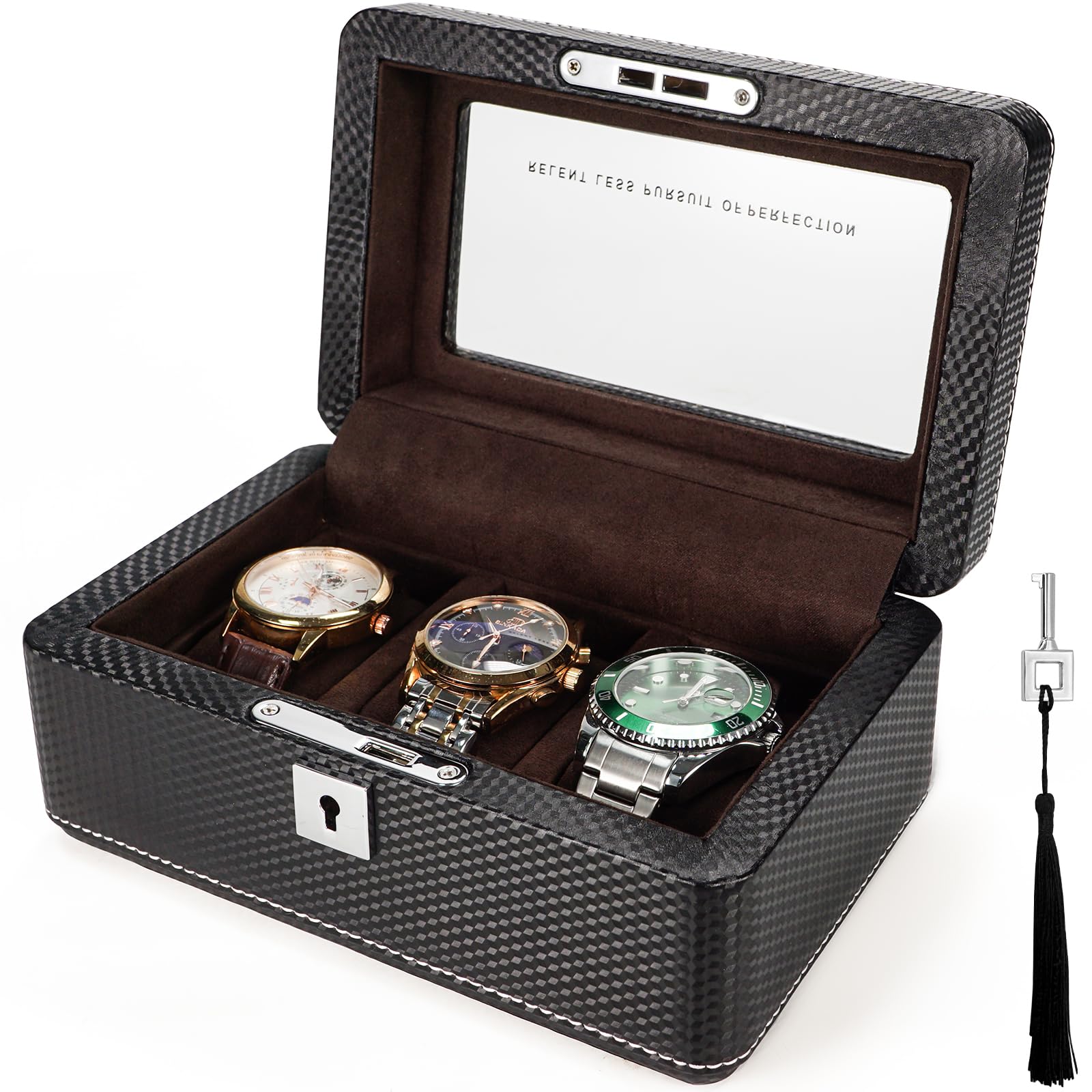 Scatola per orologi in pelle di alta qualità in fibra di carbonio per 3 orologi, con serratura, portatile, con vetrina, regalo ideale per collezionisti di orologi, viaggiatori, in velluto