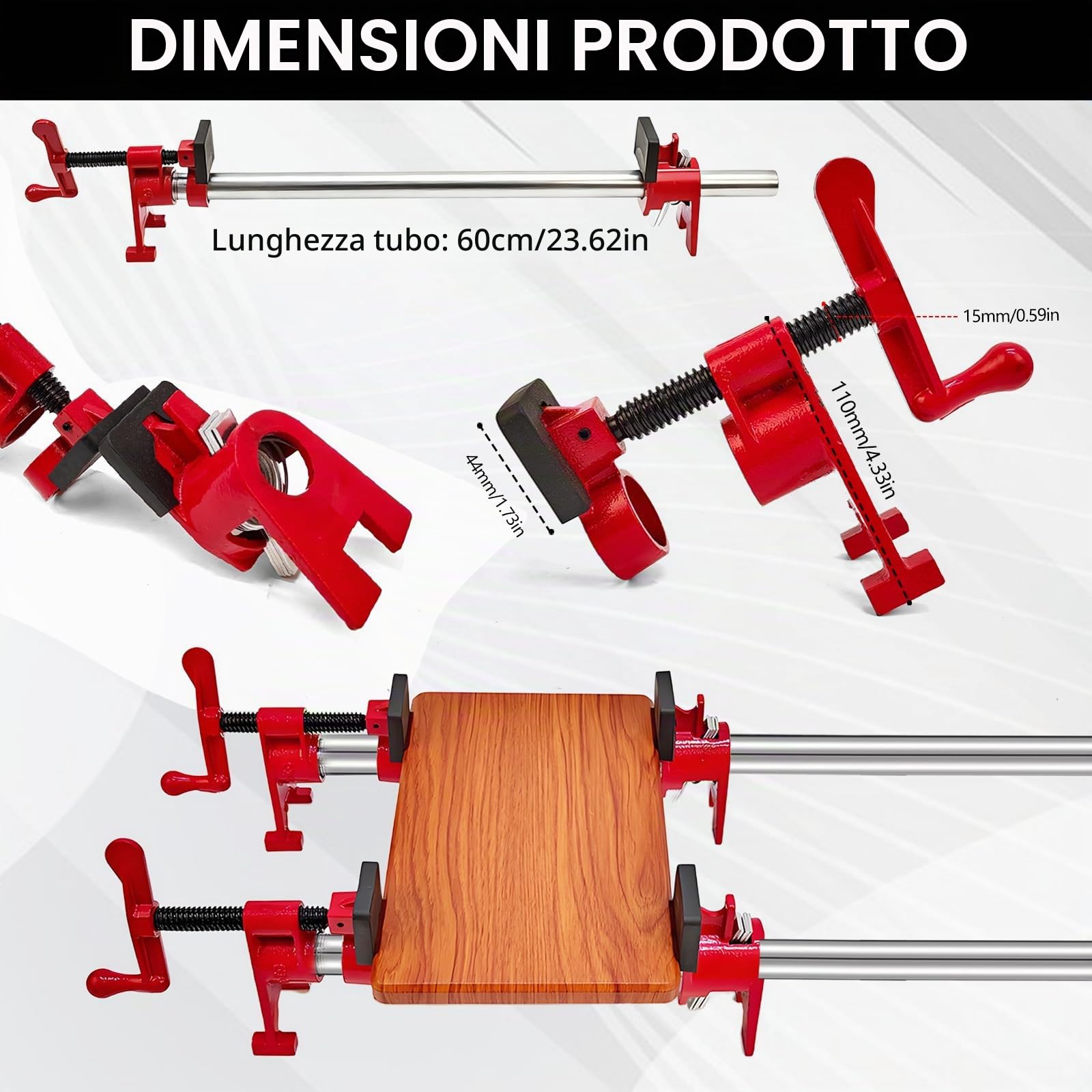 Set Di 6 Morsetti Per Tubi Da 3/4", 4 Morsetti A Sgancio Rapido con 2 Tubi In Acciaio Da 60 cm per Lavorazioni Di Falegnameria Fascette Stringitubo Per La Lavorazione Del Legno