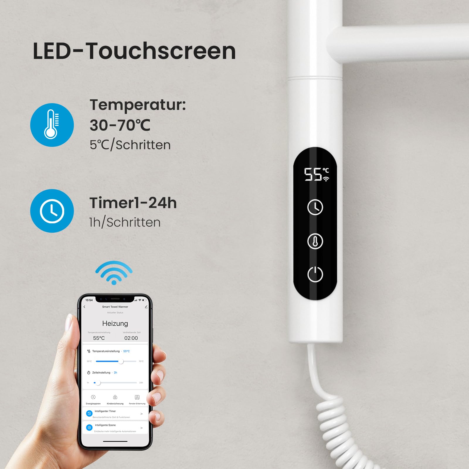 Heilmetz 78x45cm Handtuchheizkörper Elektrisch 135W, 180° drehbar, Weiß | WiFi Smart per App & Sprachsteuerung Carbon-Heizung 30–70°C 1–24h Timer Wochenprogramm