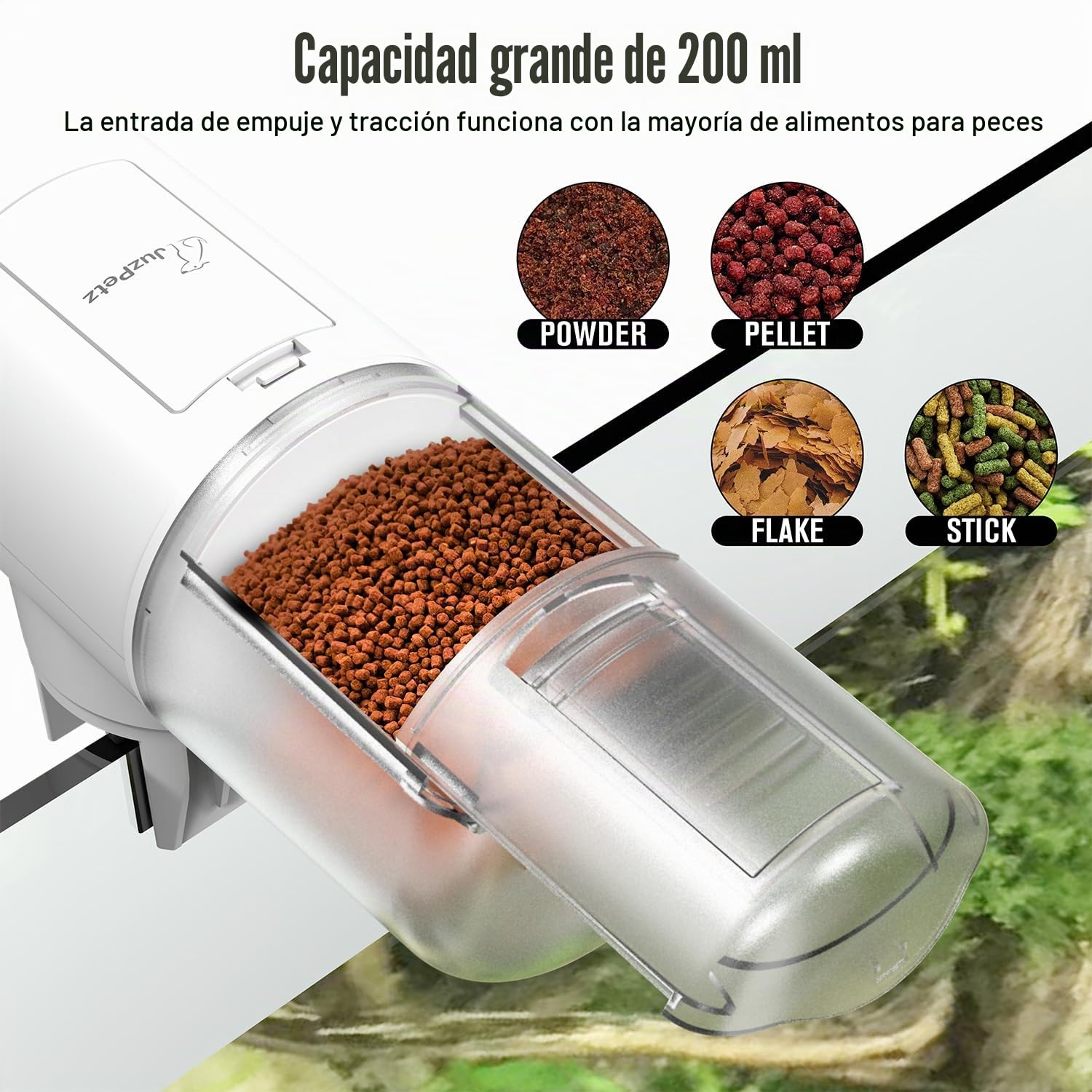 JuzPetz - Comedero automático de Peces | Pantalla Digital y ajustes programables | Comedero automático para acuarios | Accesorios para acuarios |Blanco