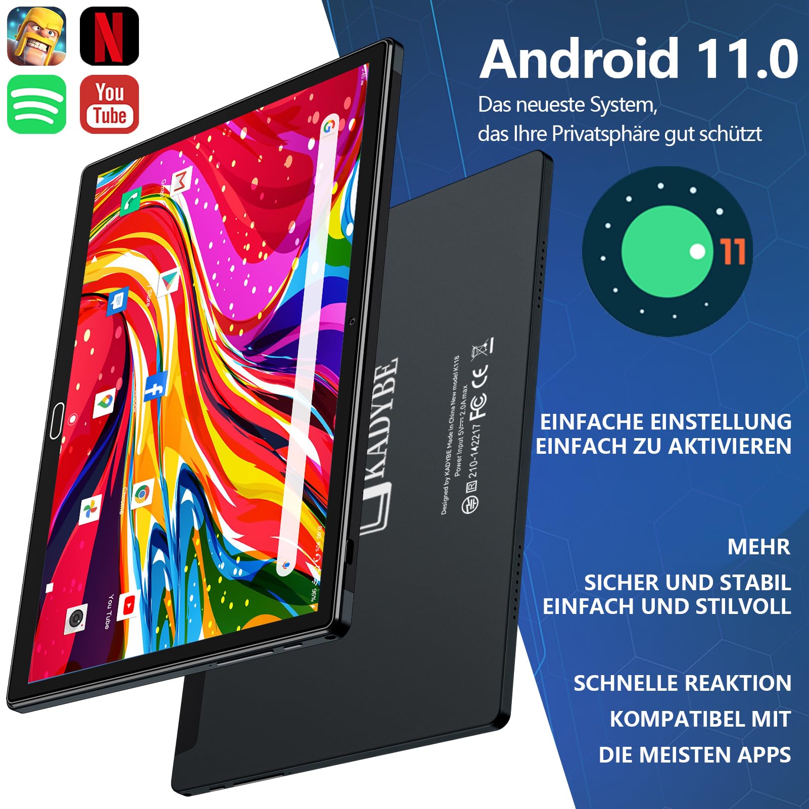 KADYBE Android Tablet 10インチ 本体 KADYBE Tablet 10 cali z systemem Android 11, 2,4 GHz WiFi 4G