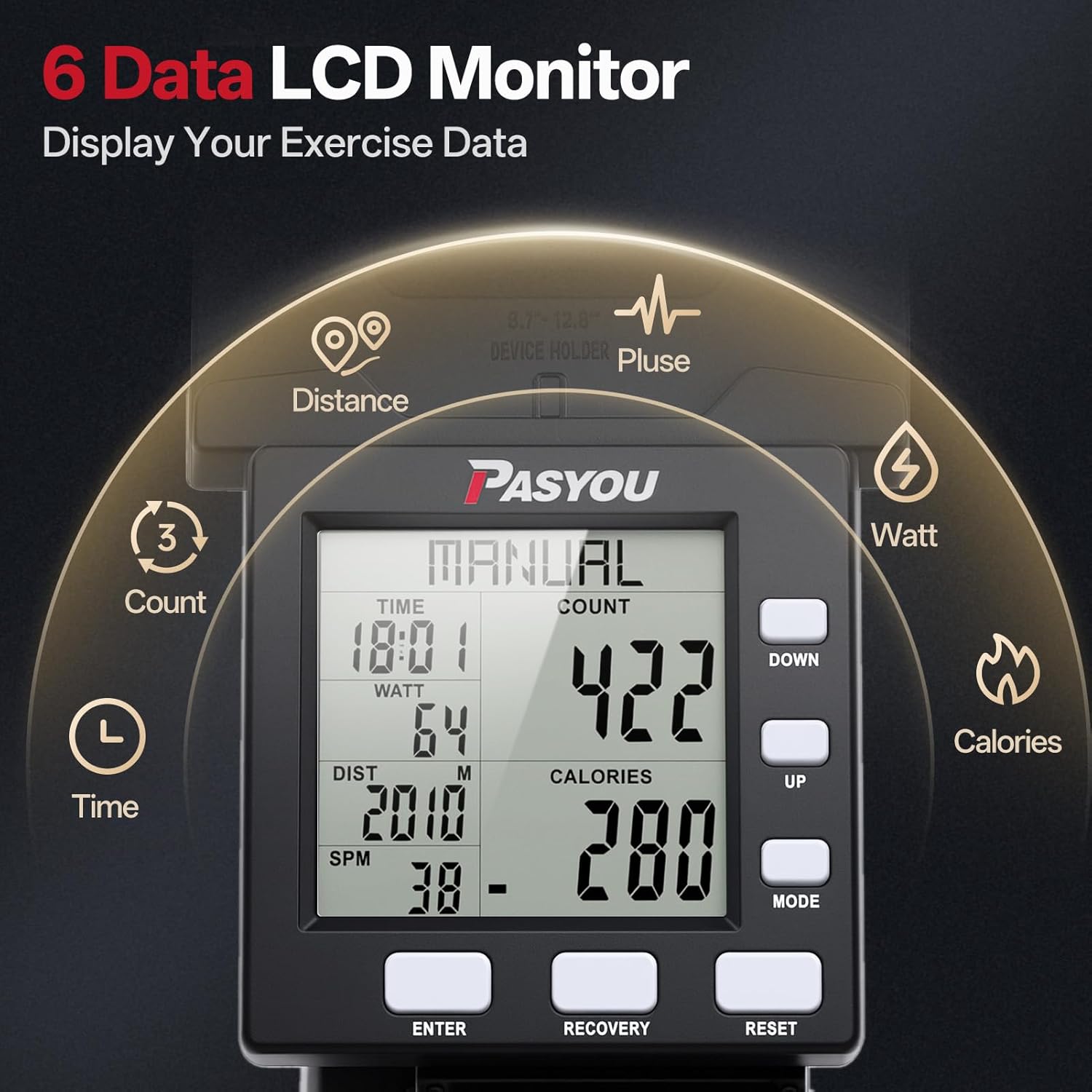 Close-up of the 6-data LCD monitor on the PASYOU SKY80 Ski Trainer, displaying time, count, distance, watt, calories, and pulse.