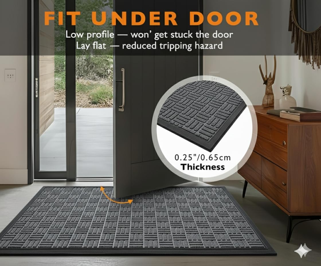 Front Door Mat Indoor Outdoor Entrance, Waterproof All-Season, All-Weather Doormat, Sturdy Natural Rubber, Fade Resistant, Low Profile, Easy Clean Patio Porch Entryway Mat (Grey,30''x17'')