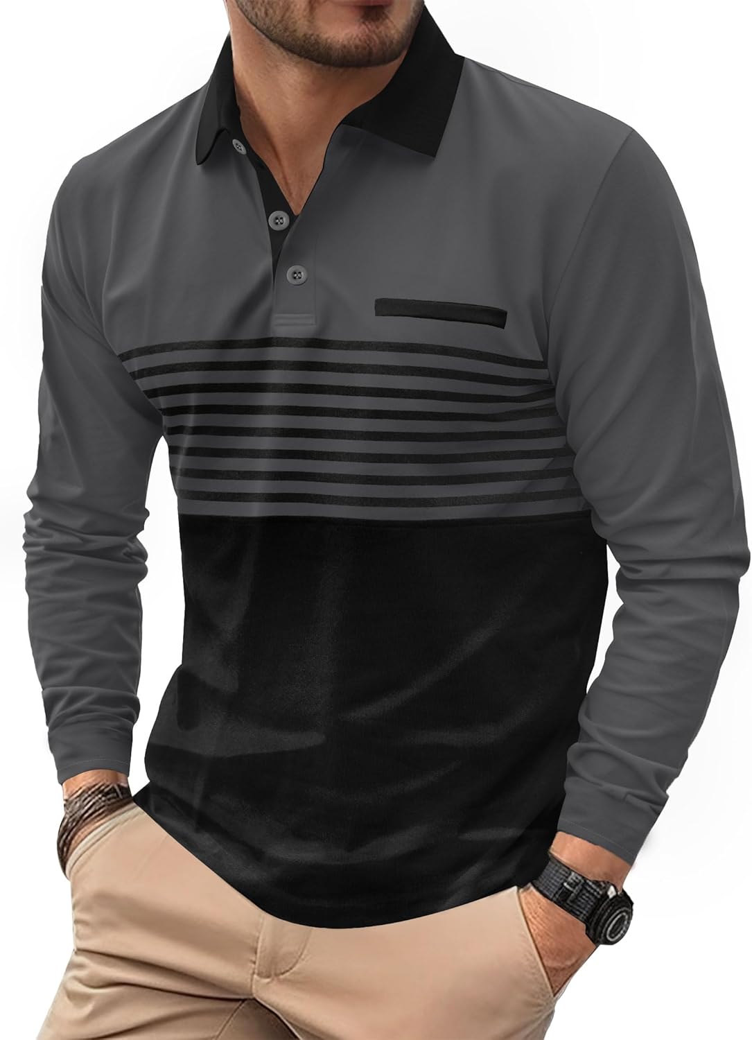 VOGSTART Mens Striped Golf Polo Shirts Color Block Long Sleeve Casual Shirt (S-XXL)