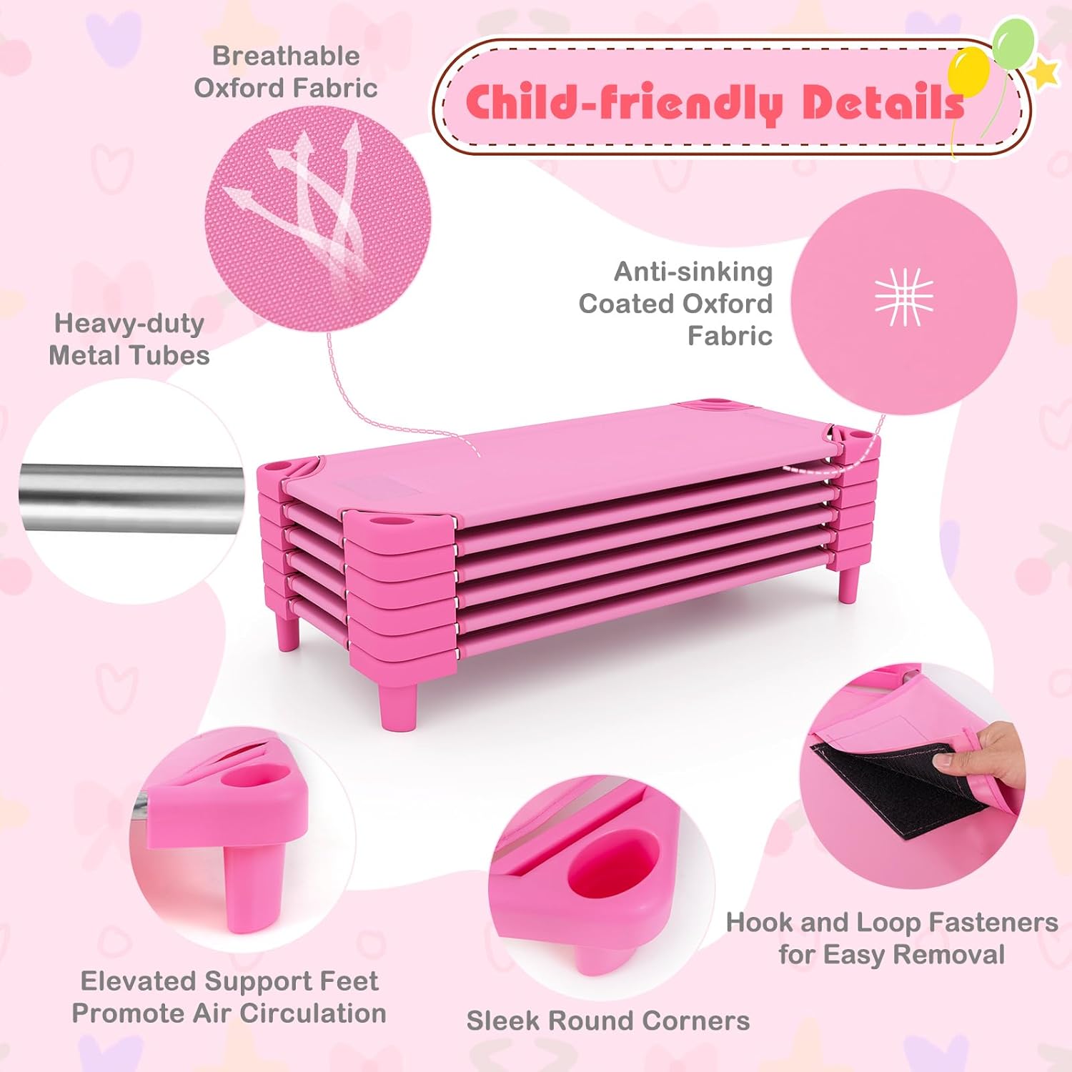 HONEY JOY Kids Daycare Cots, Pack of 6, 52” L Stackable Toddler Nap Cots for Resting, Naptime, Easy Lift Corners, Ready-to-Assemble, Heavy Duty Sleeping Cots for Preschool (Pink)