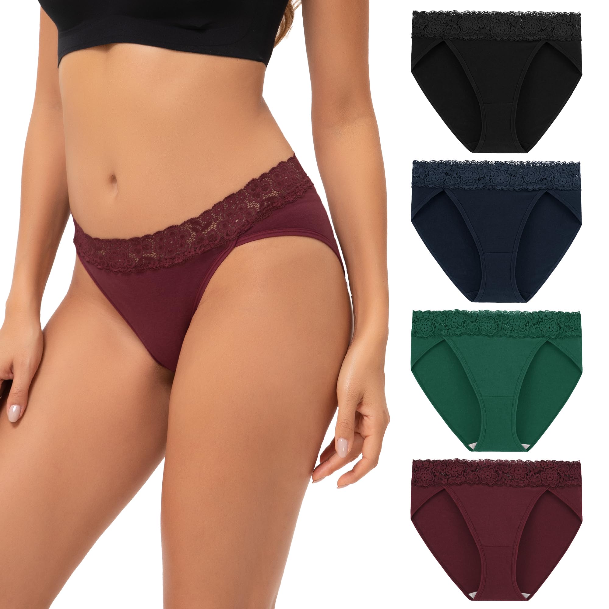 INNERSY Women's Cotton Bikini Underwear High Cut Lace Hipster Panties 4-Pack